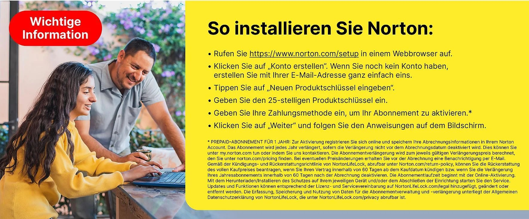 Mann und Mädchen blicken auf Laptop, rote Box mit "Wichtige Information".