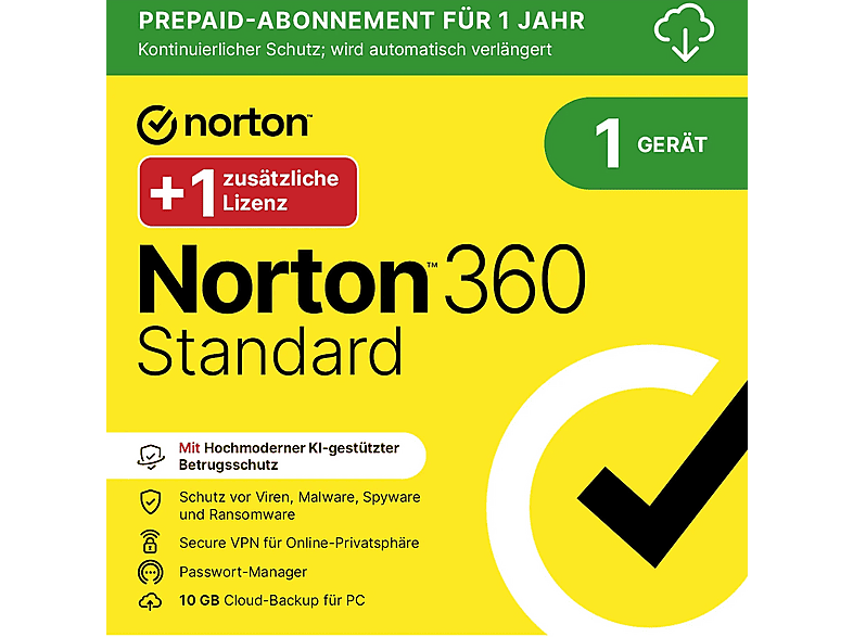 Norton 360 Standard für 1 Gerät & 1 Jahr plus 1 Jahr geschenkt - (PC, iOS, MAC, Android) [Download Code]; Electronic Software Download