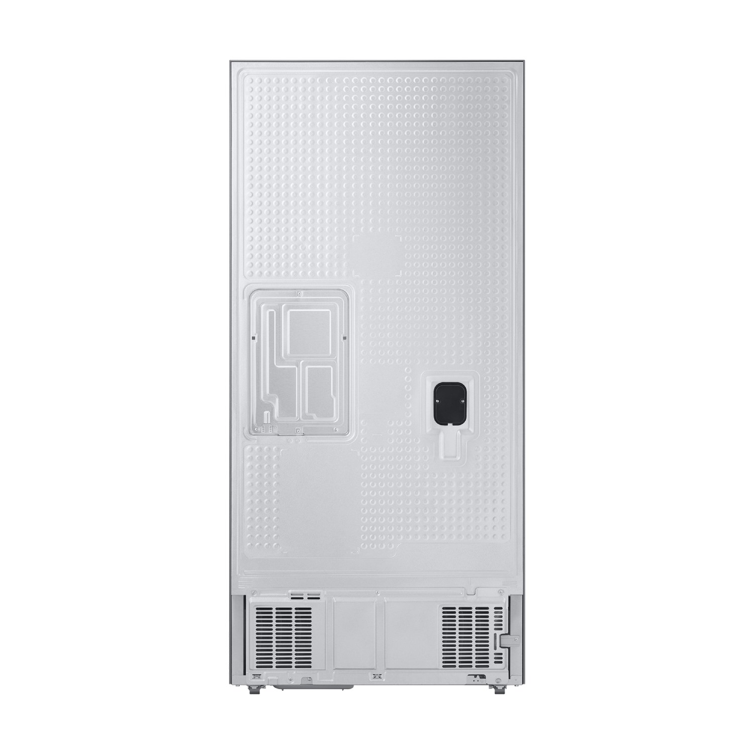 Vista trasera de un refrigerador con rejillas de ventilación y un patrón circular.