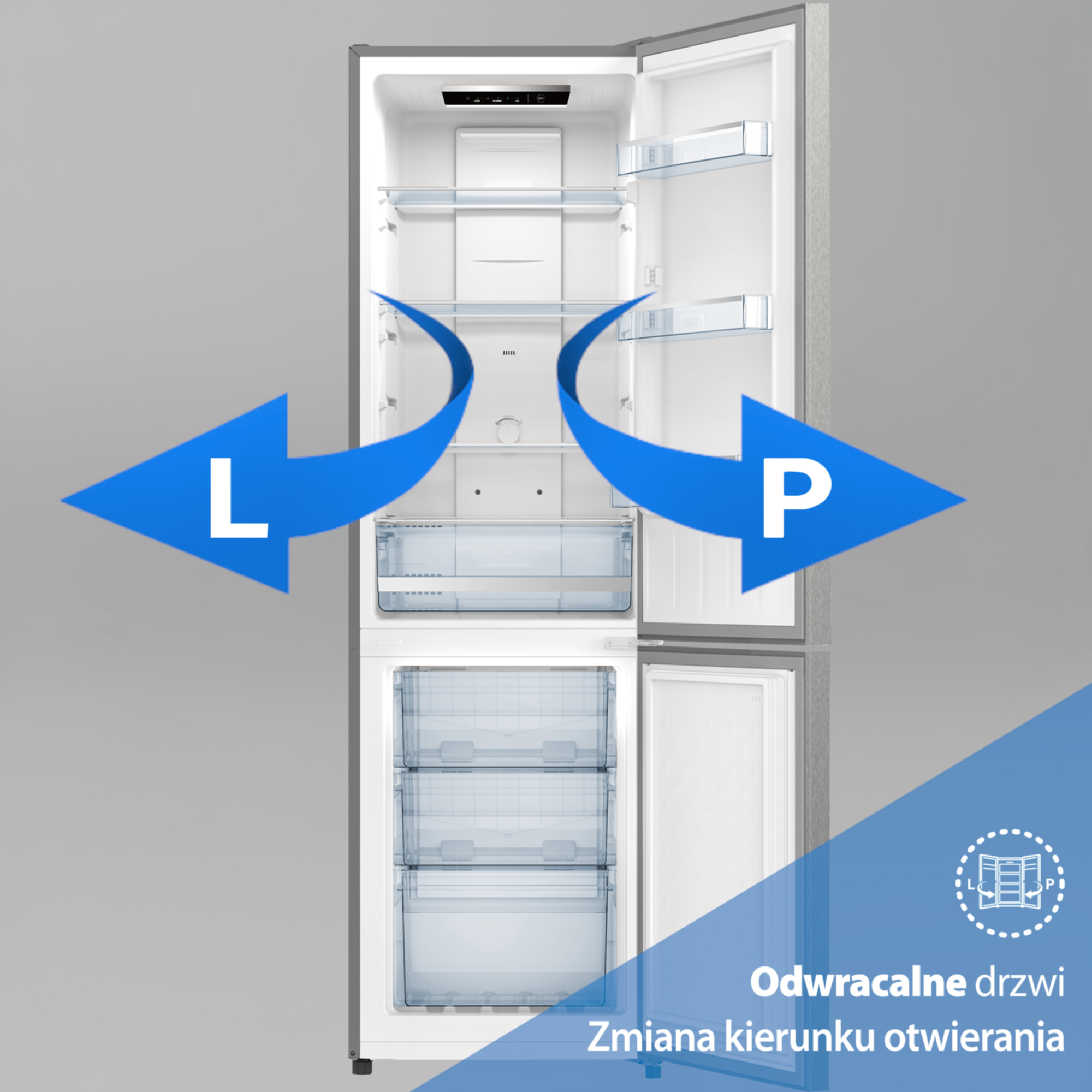 Otwarta lodówka z półkami i szufladami. Niebieskie strzałki wskazują kierunek otwarcia.