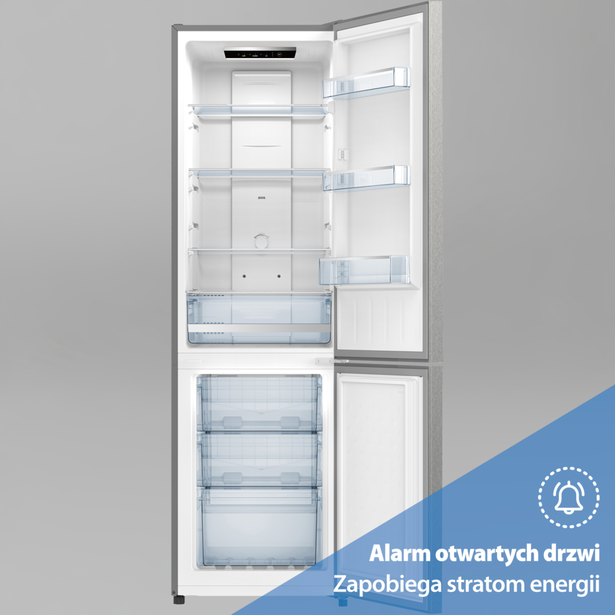 Otwarta lodówka z szklanymi półkami i szufladami. Drzwi są uchylone.