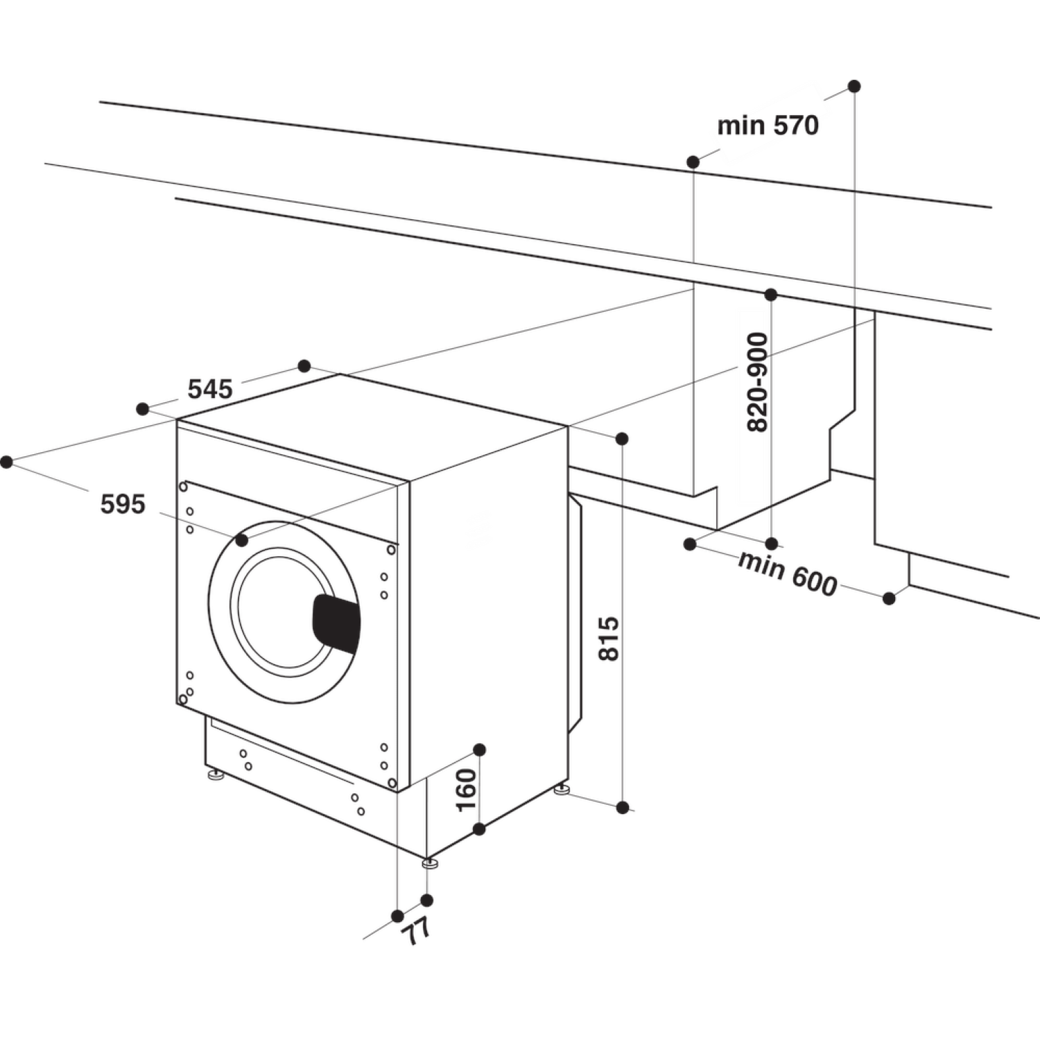 Dibujo técnico de una lavadora con dimensiones indicadas por números.