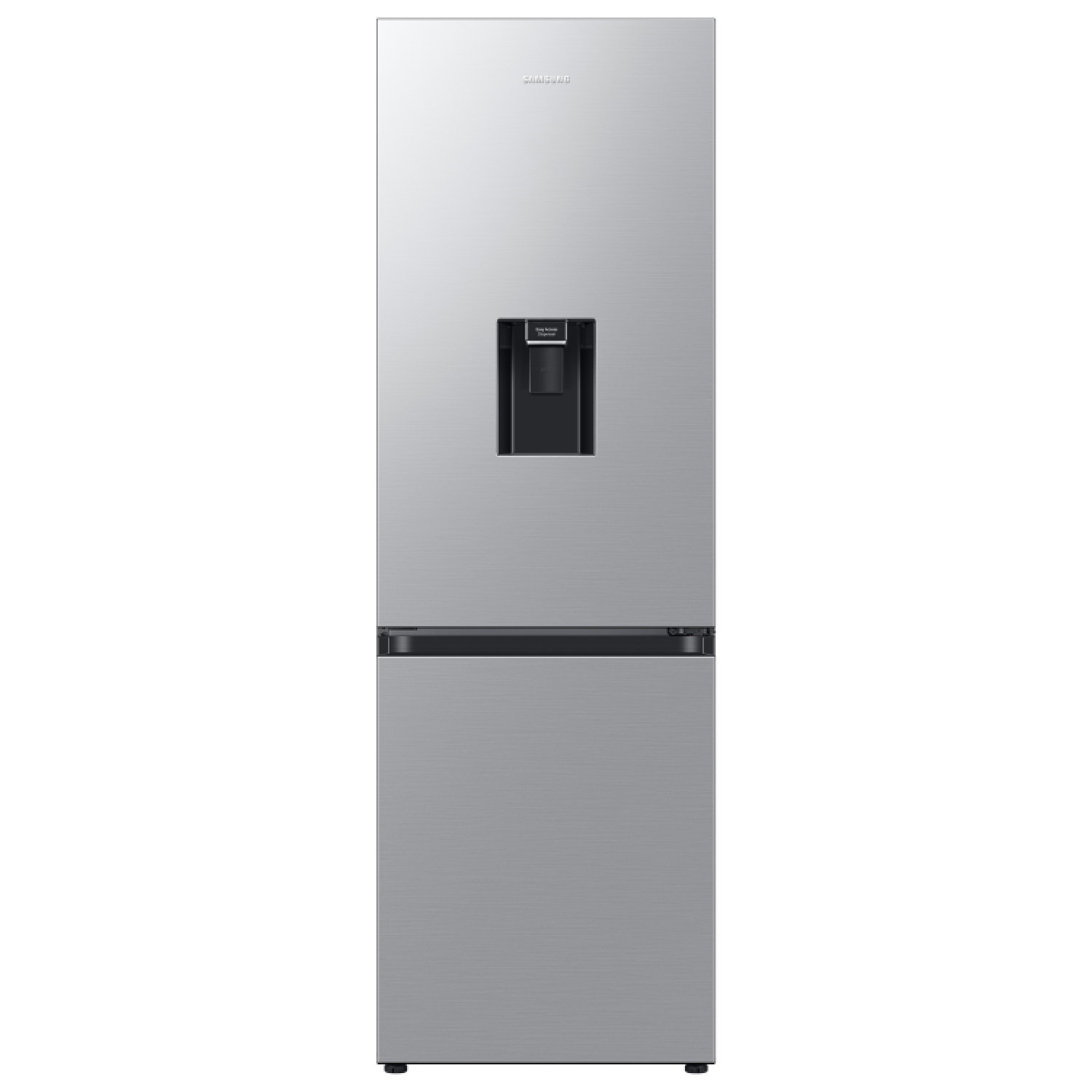 Un refrigerador Samsung plateado con dispensador de agua en la puerta.