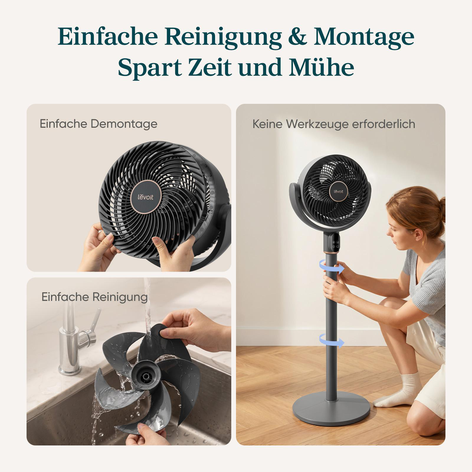 Ein schwarzer Ventilator wird zerlegt, gereinigt und montiert. Leichte Montage.