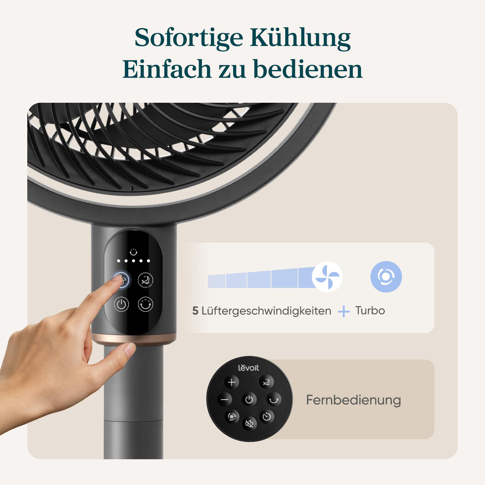 Nahaufnahme des Bedienfelds eines Ventilators mit einem Finger, der eine Taste drückt. Zeigt Geschwindigkeitseinstellungen.