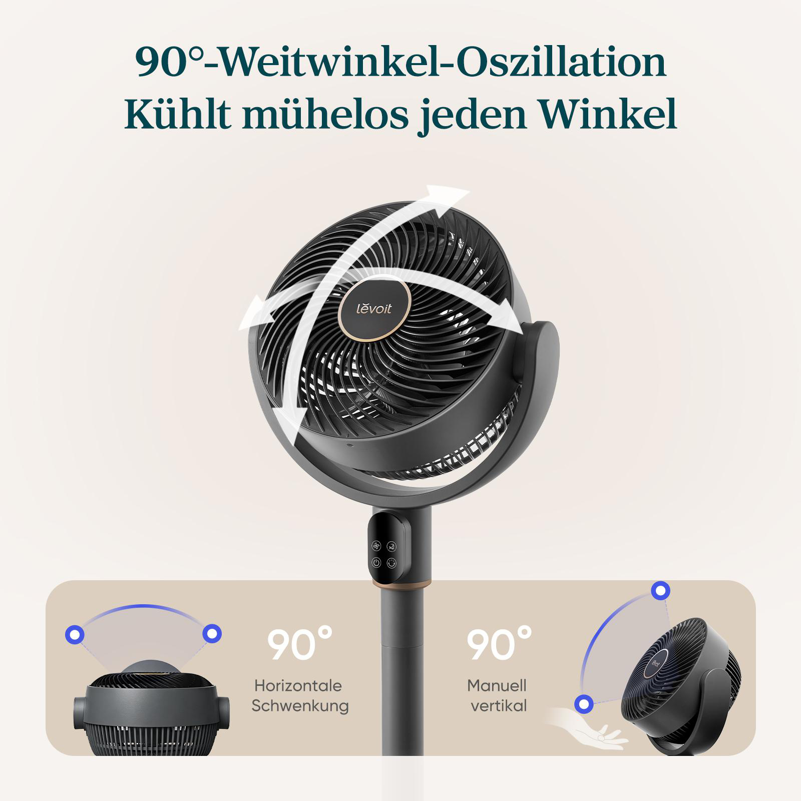 Ein schwarzer Ventilator mit breiter Oszillation und Pfeilen, die Luftstromrichtung anzeigen.