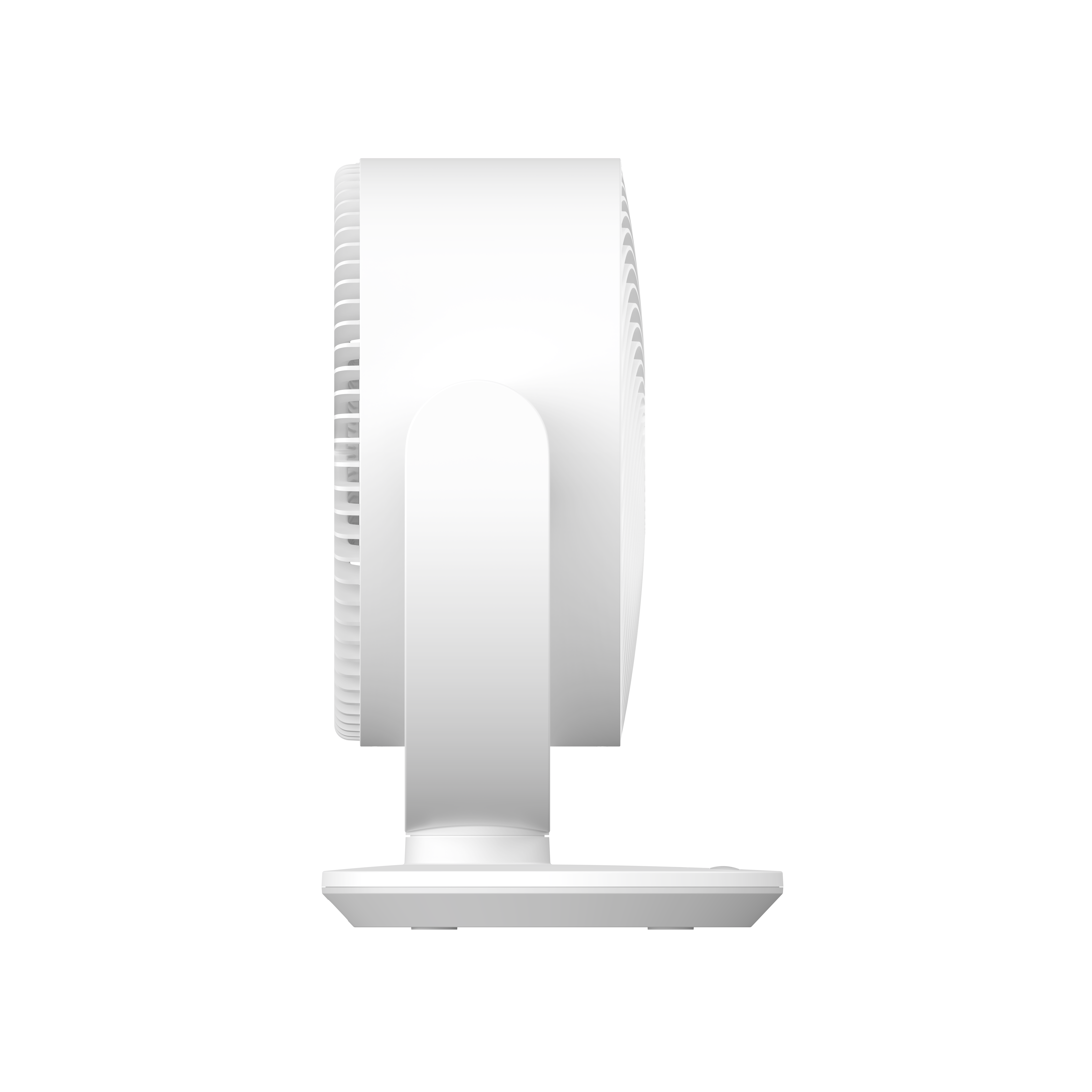 Ein weißer Ventilator mit rundem Sockel und verstellbarem Arm auf schwarzem Hintergrund.