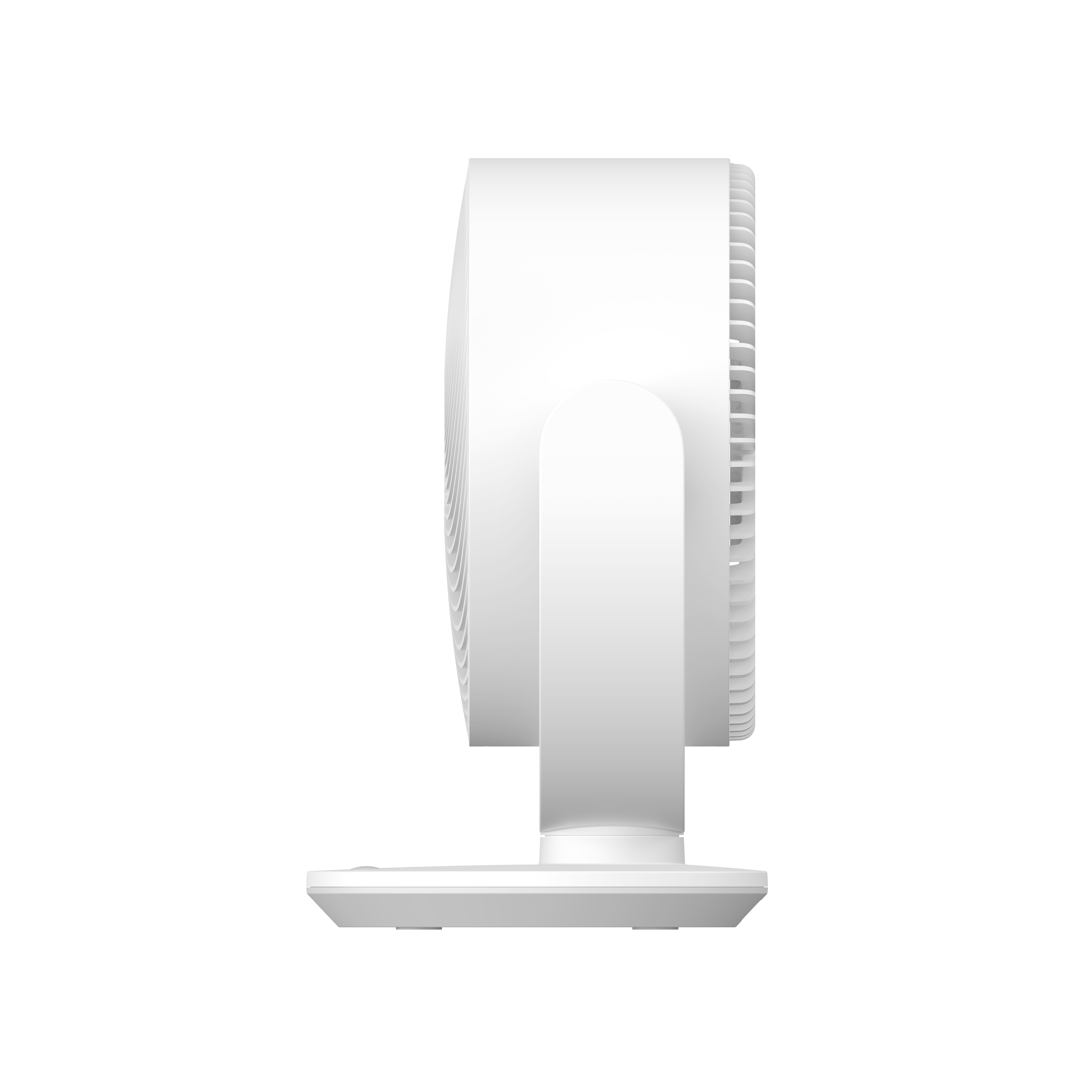 Ein weißer Ventilator mit rundem Sockel und verstellbarem Kopf, von der Seite gezeigt.