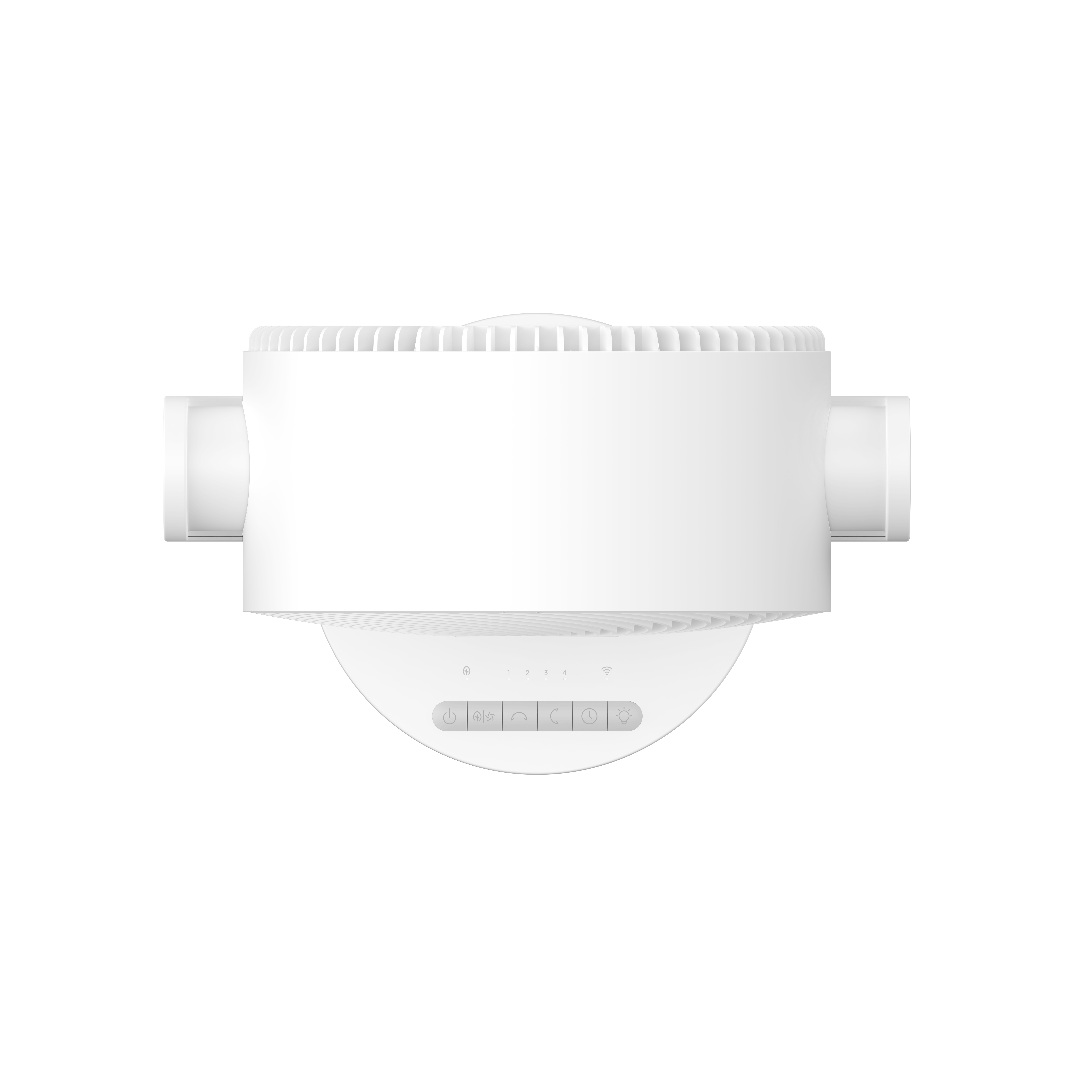 Ein weißer Ventilator mit Bedienelementen und Lüftungsschlitzen auf schwarzem Hintergrund.