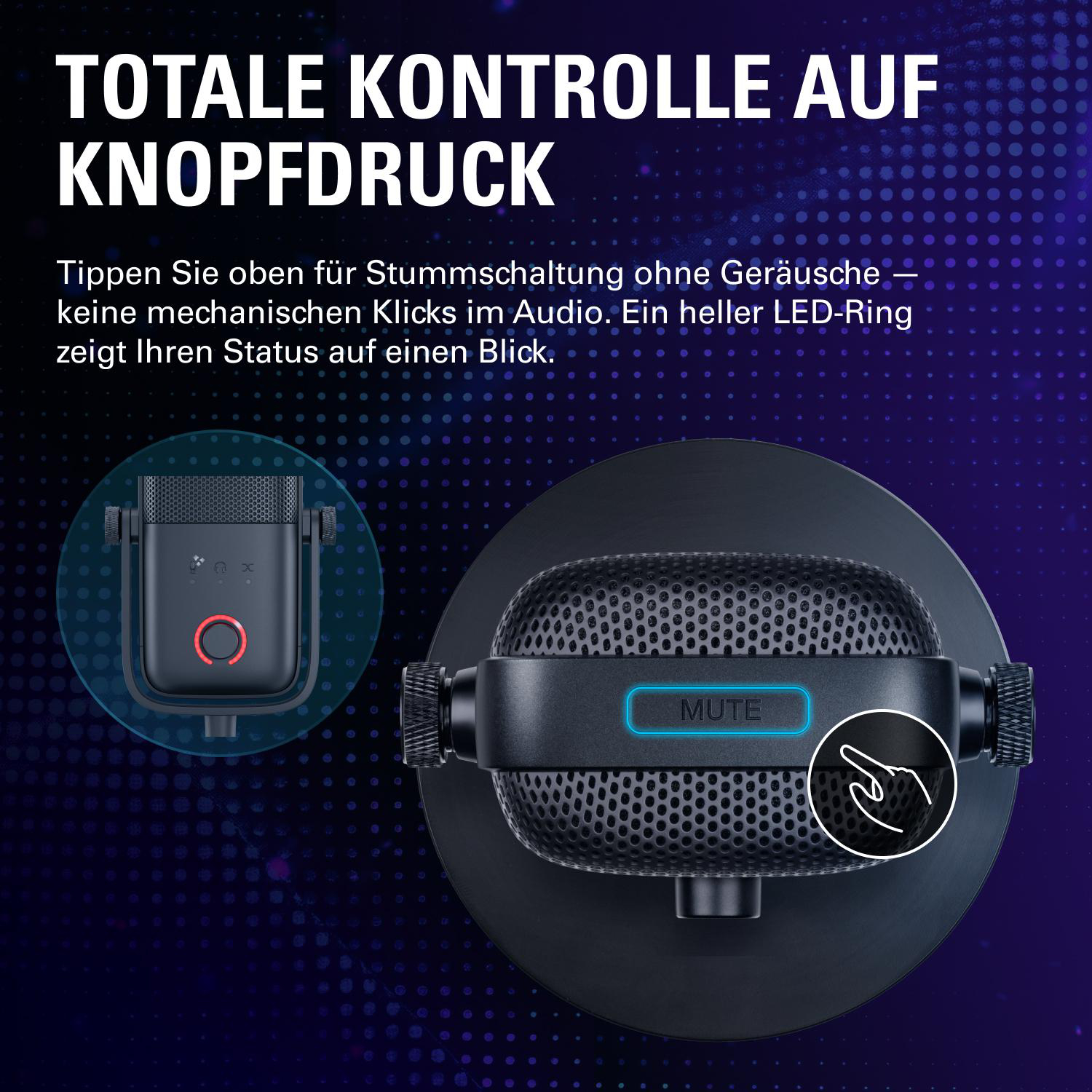 Ein Mikrofon mit MUTE-Anzeige und ein zweites Mikrofon mit rotem Ring.