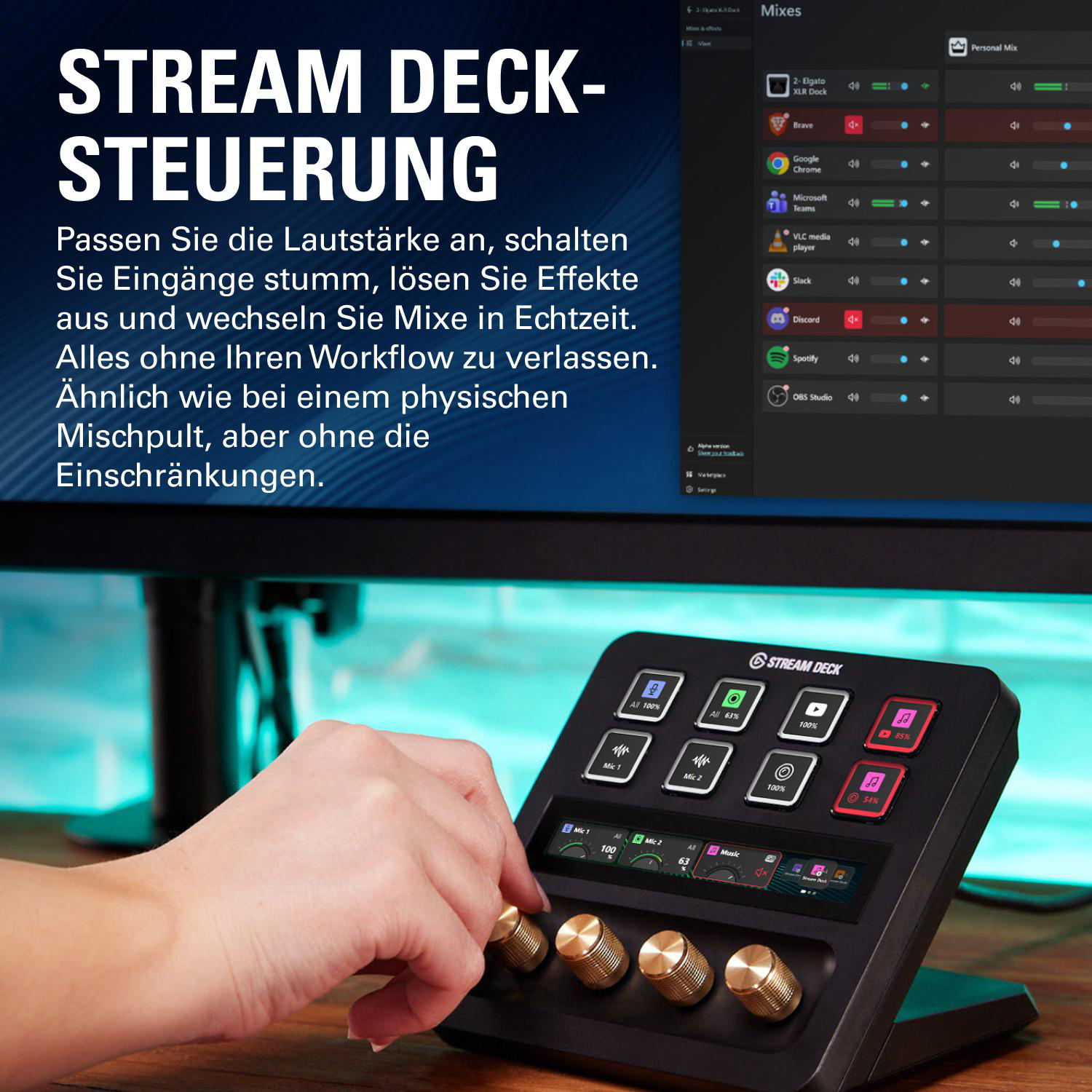 Ein Stream Deck mit Knöpfen und einem Bildschirm wird von einer Hand bedient.