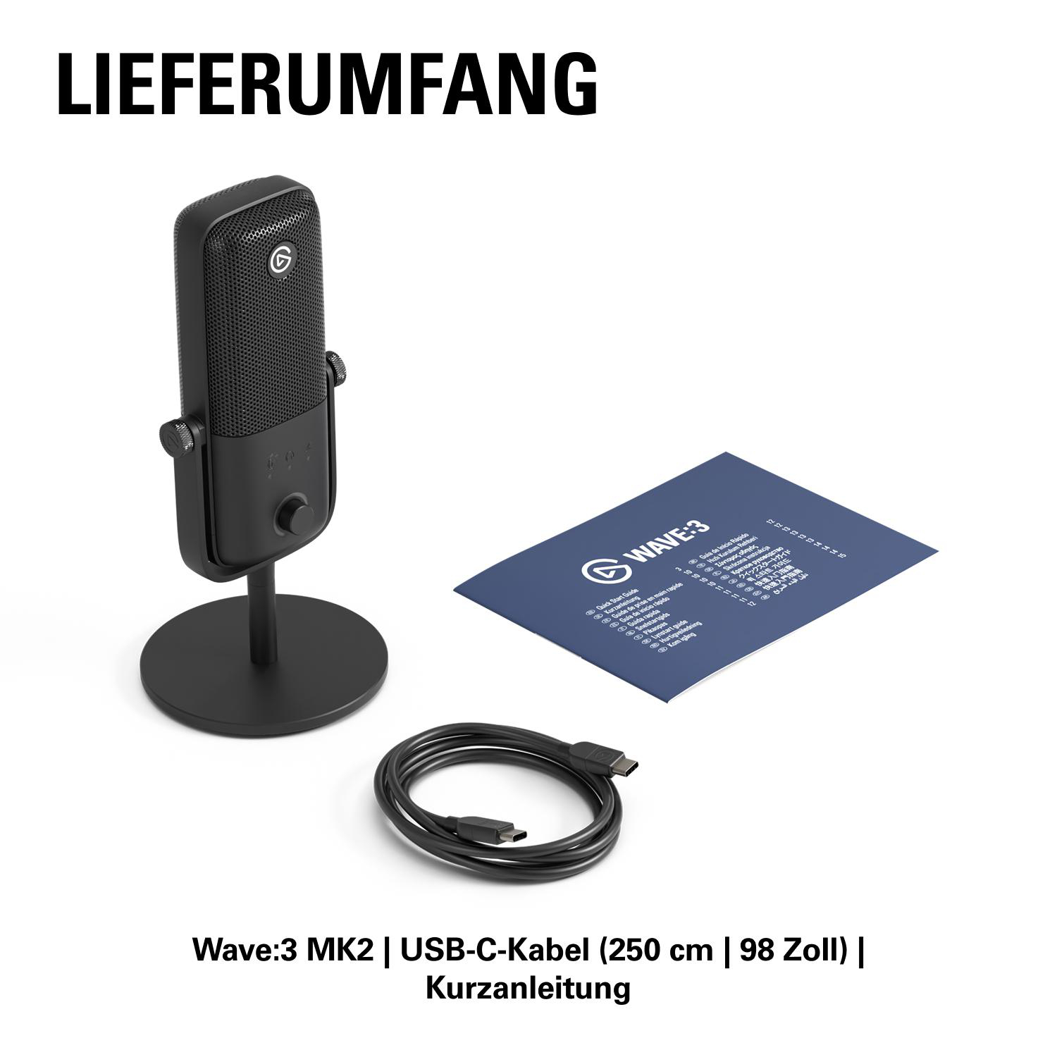 Schwarzes Mikrofon auf Ständer, USB-C-Kabel und Kurzanleitung.