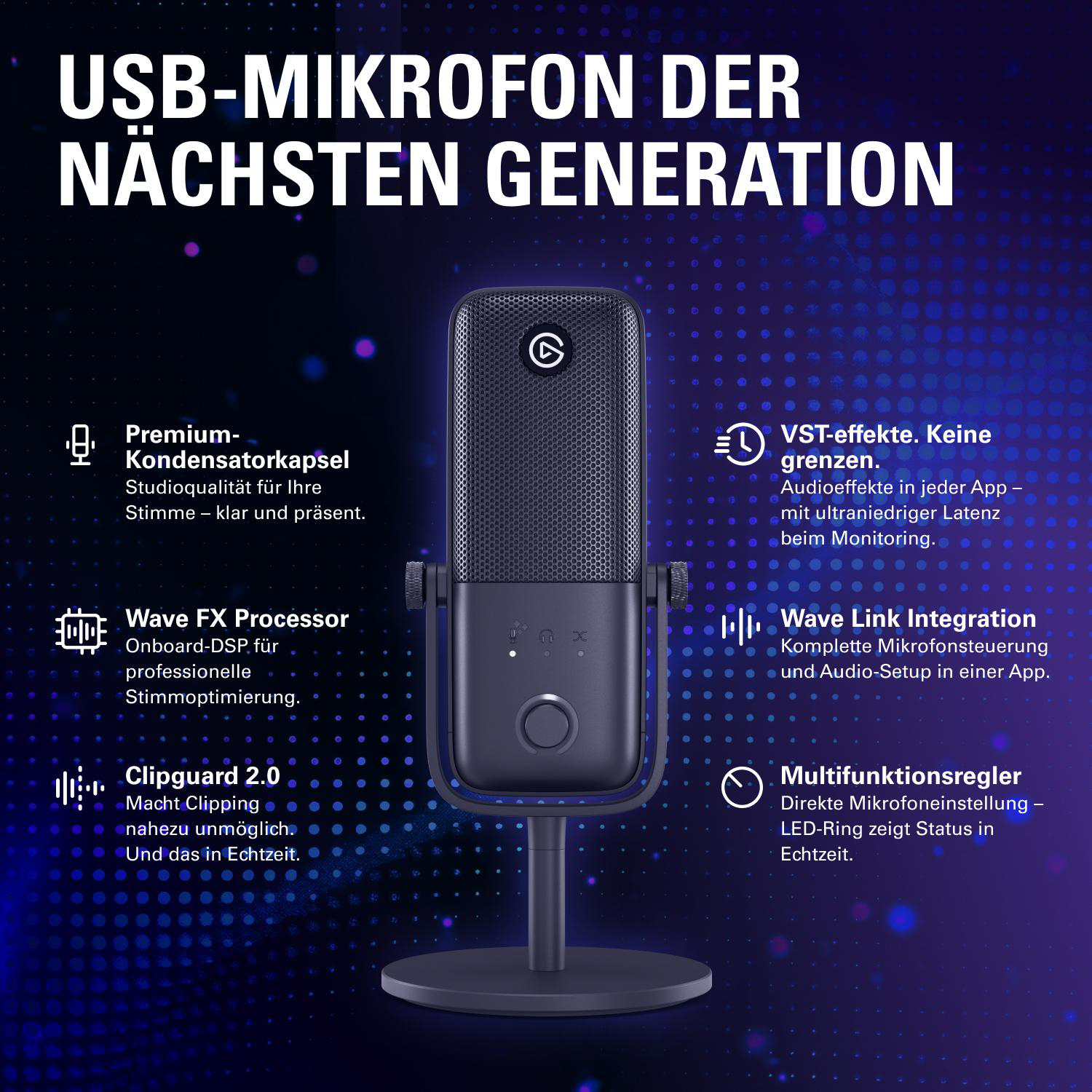 Ein schwarzes USB-Mikrofon mit LED-Ring steht auf einem Ständer. Produktmerkmale sind aufgelistet.
