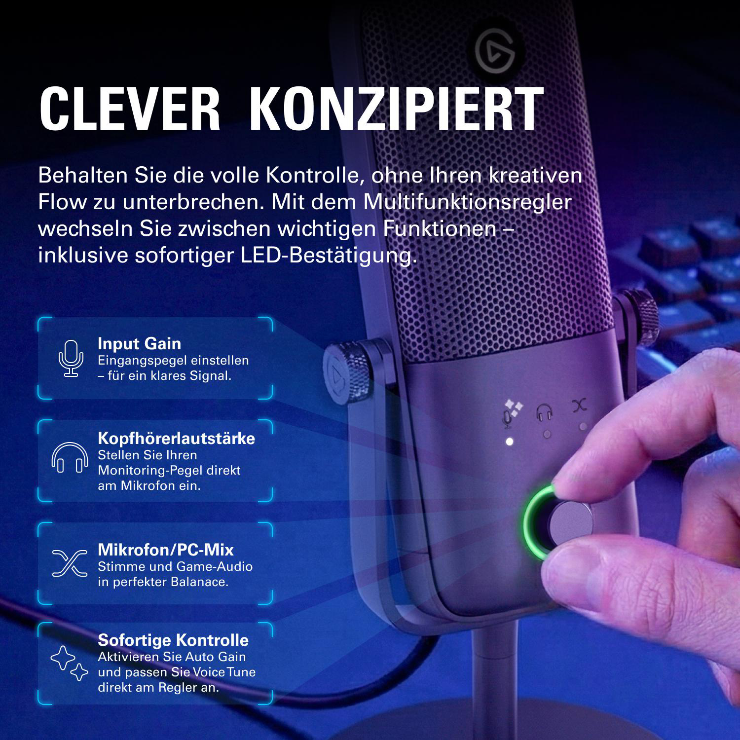 Ein Mikrofon mit Multifunktionsregler und LED-Anzeige für Input Gain, Lautstärke, Mix & Voice Tune.