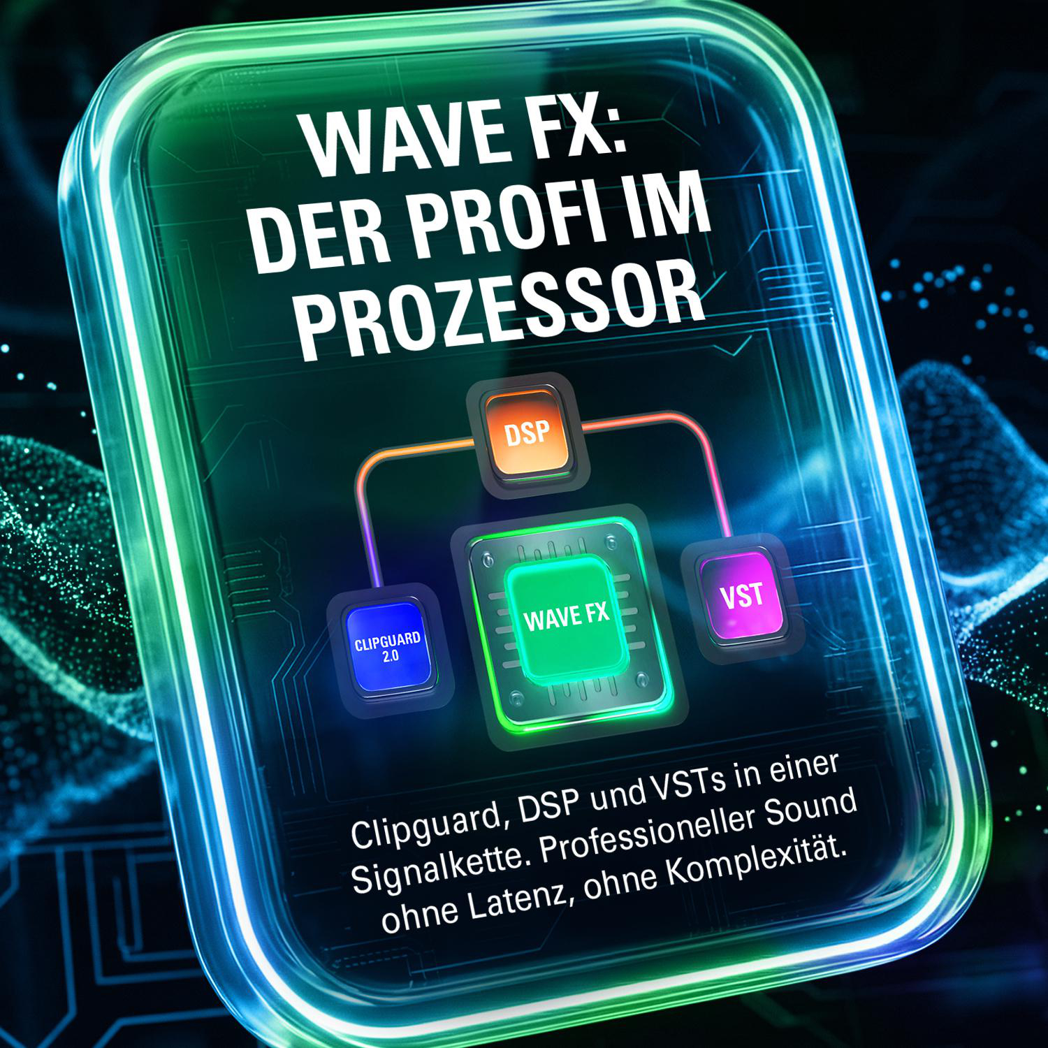 Grafik zeigt Wave FX Prozessor mit Clipguard, DSP und VST-Symbolen.