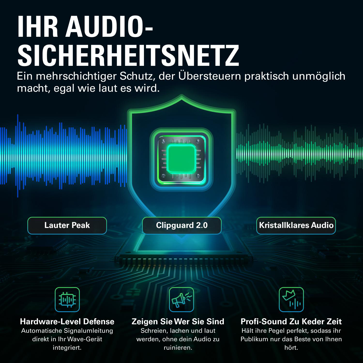Grafik mit Audio-Wellenformen, Chip und Schutzschild. Text: Audio-Sicherheitsnetz.