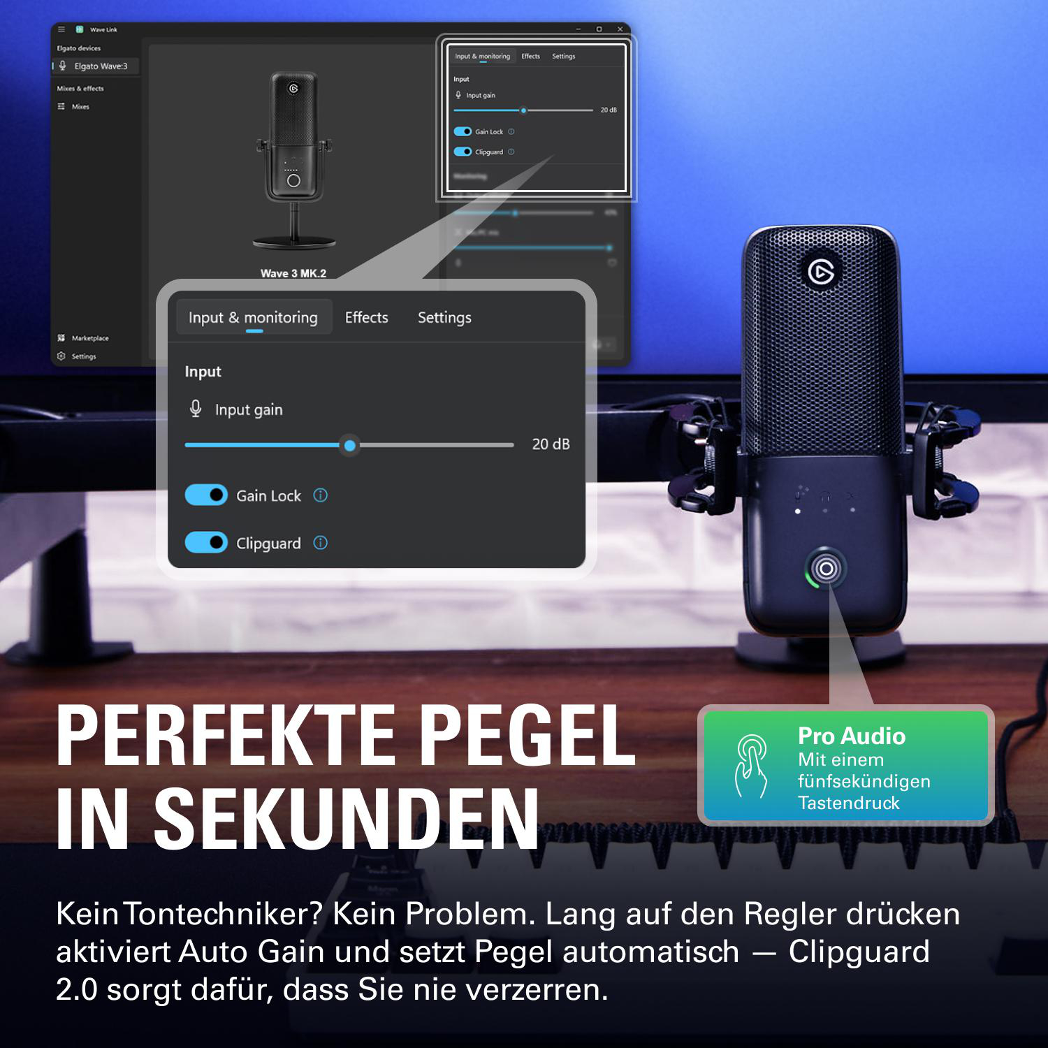 Elgato Wave:3 Mikrofon mit Software-Interface auf einem Desktop-Bildschirm.