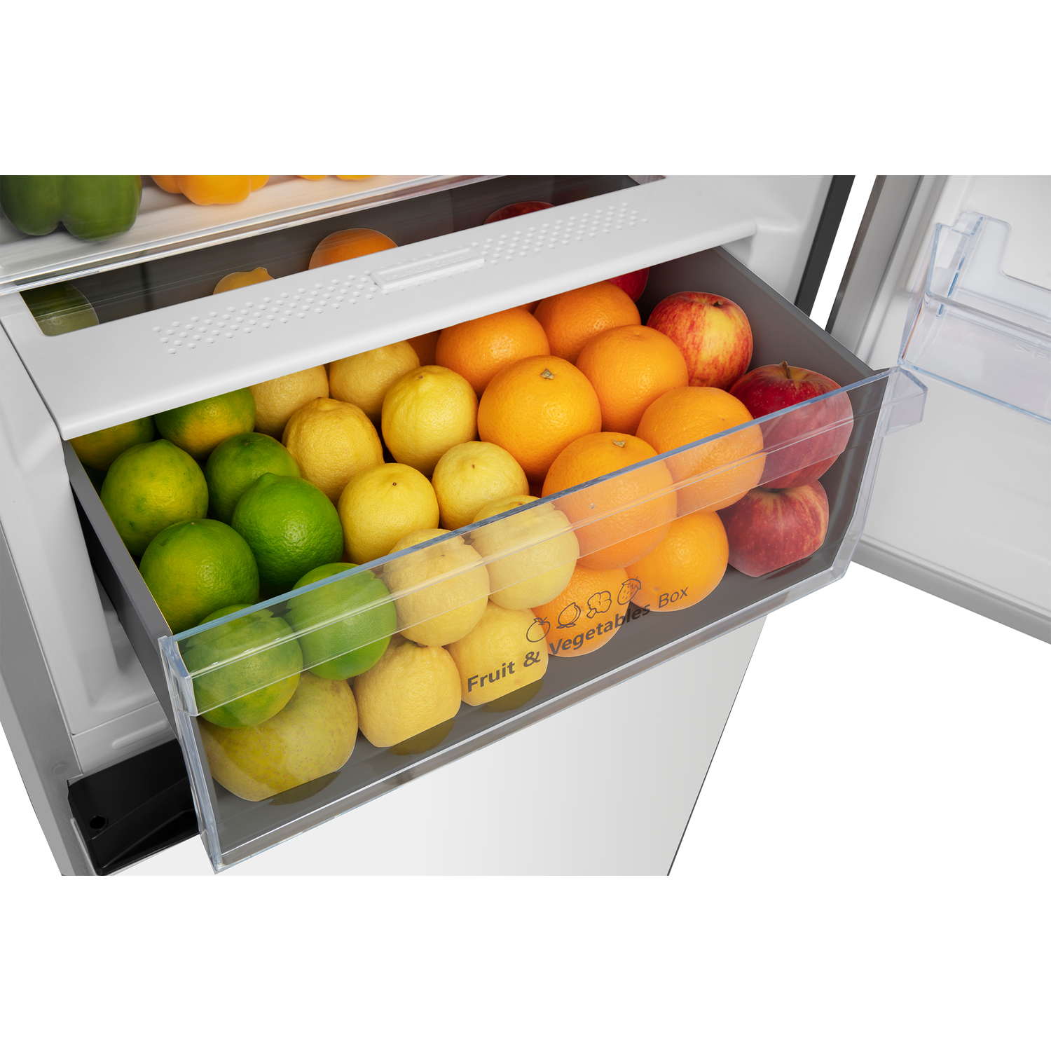A drawer full of fruits including oranges, lemons, limes, and apples.