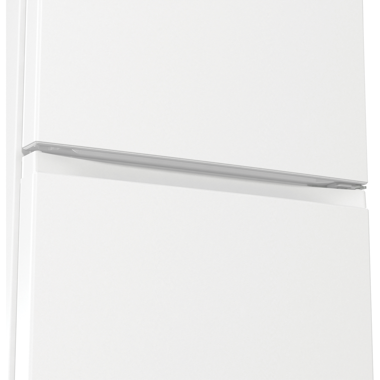 A close-up of a white refrigerator-freezer with a silver handle.