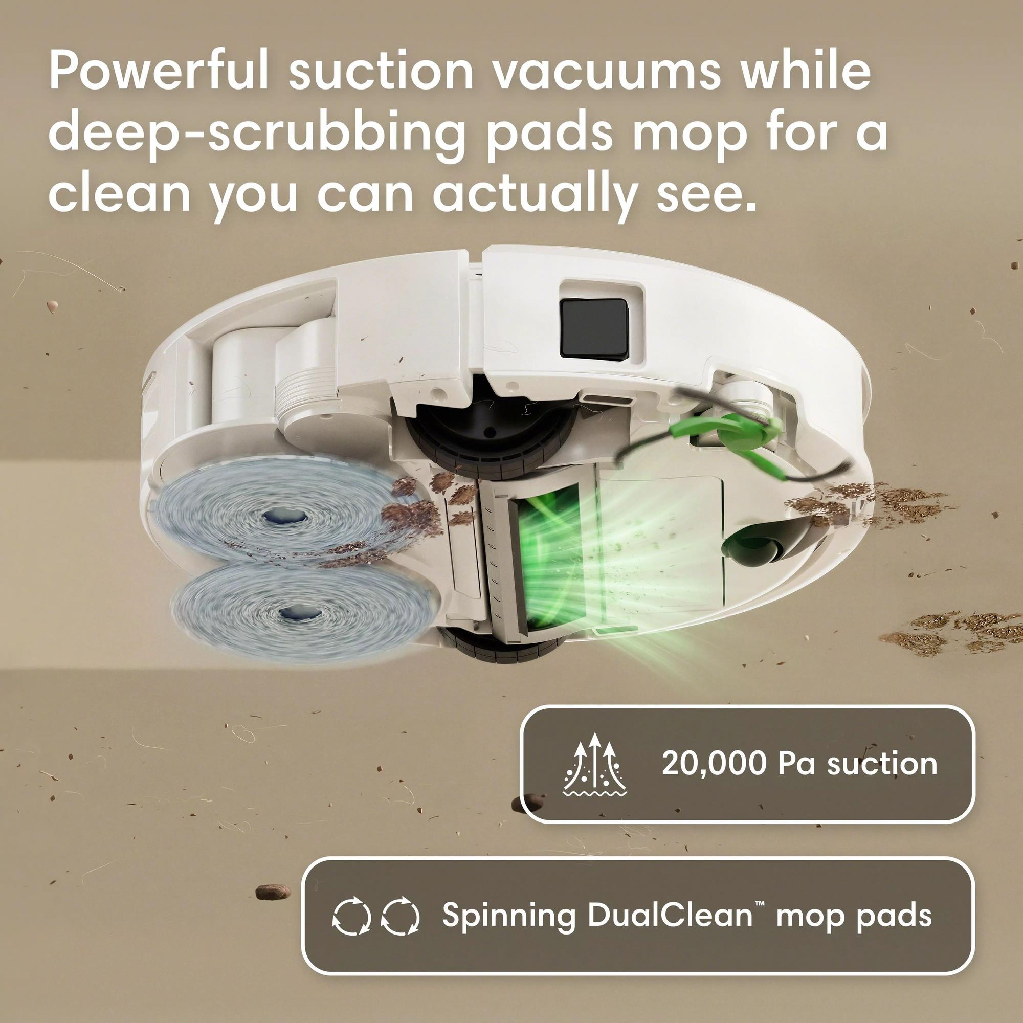 Un aspirateur robot avec serpillières rotatives nettoie le sol en aspirant les débris.