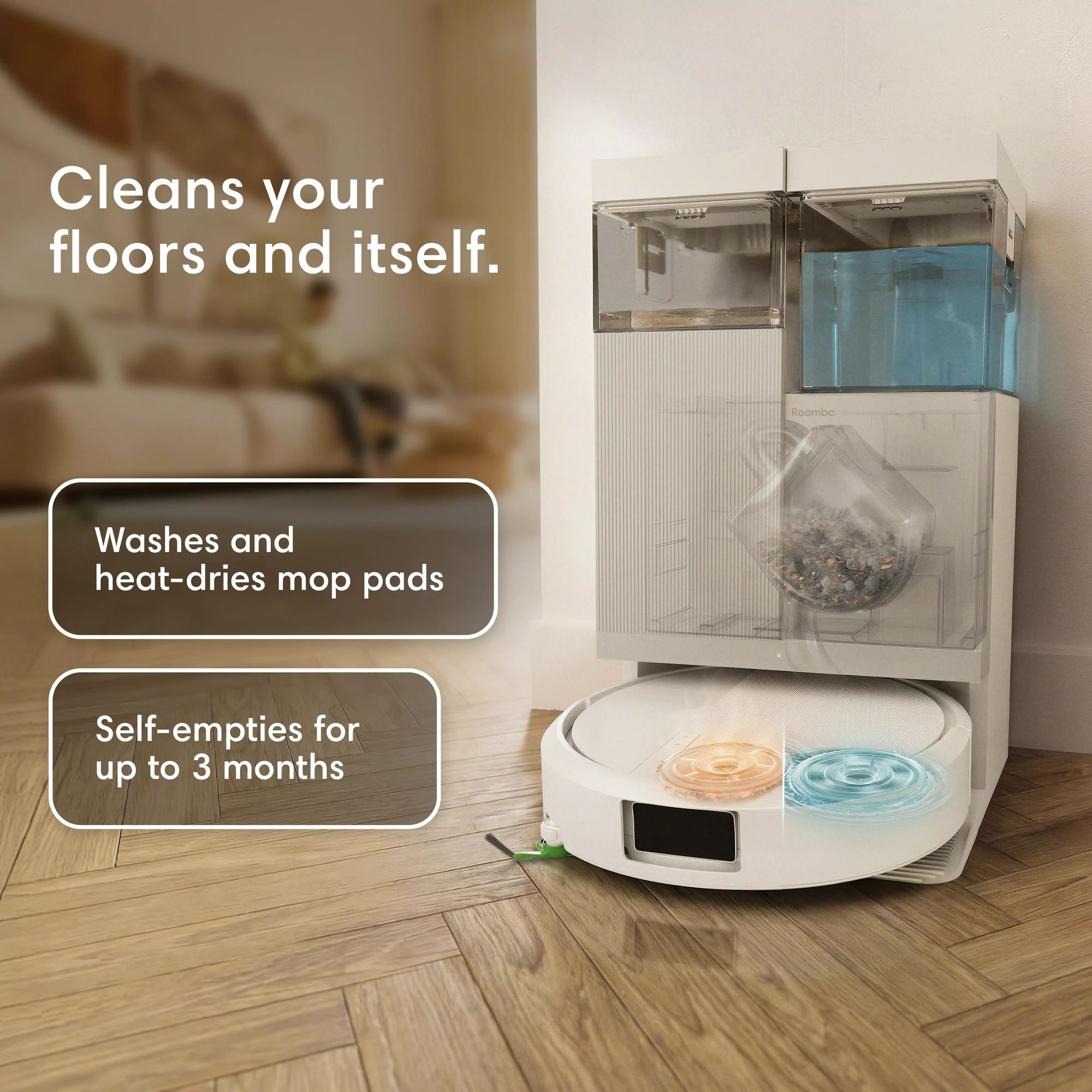 Un aspirateur robot avec une station qui ramasse la saleté et lave les serpillières.