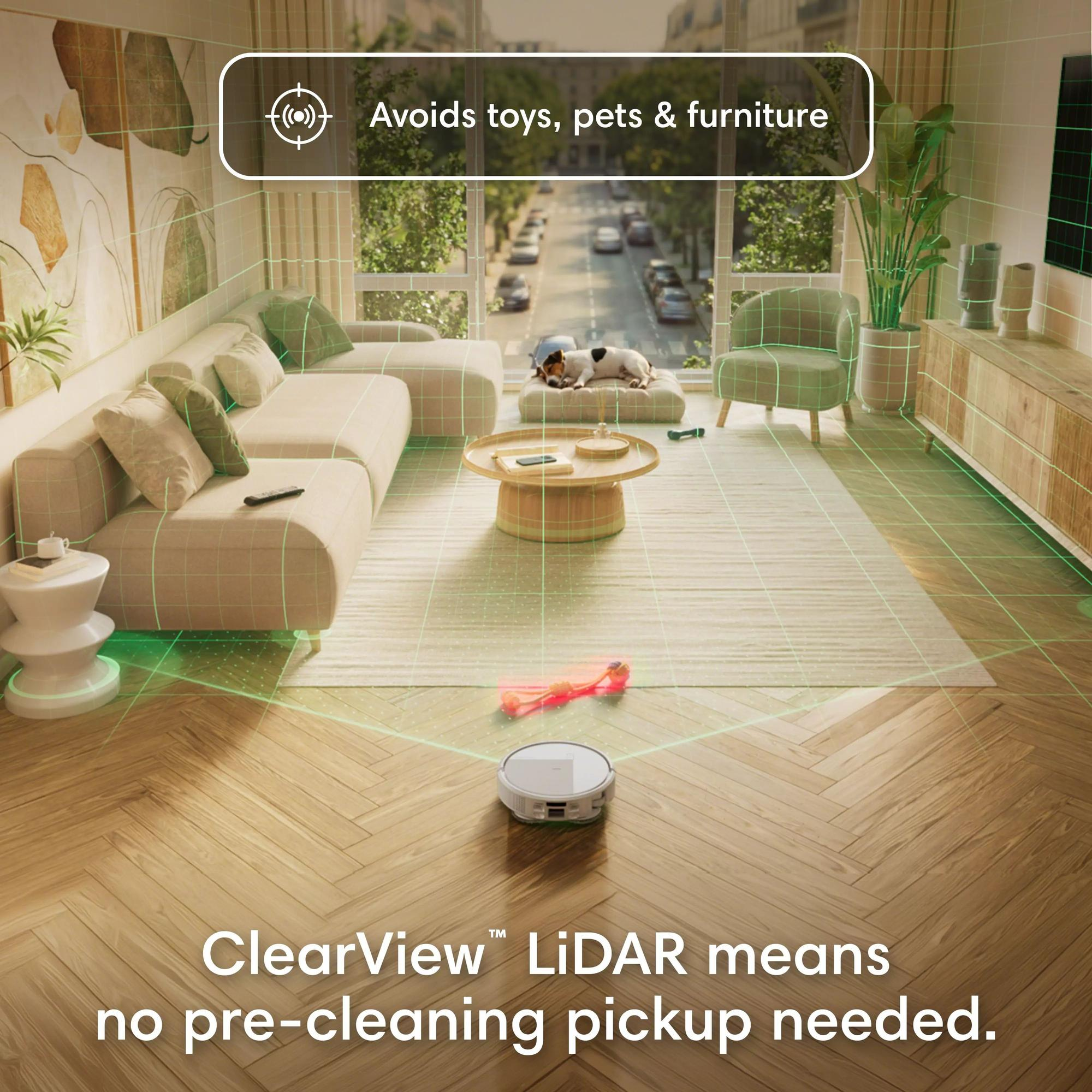 Un aspirateur robot scanne un salon avec des meubles et un chien.