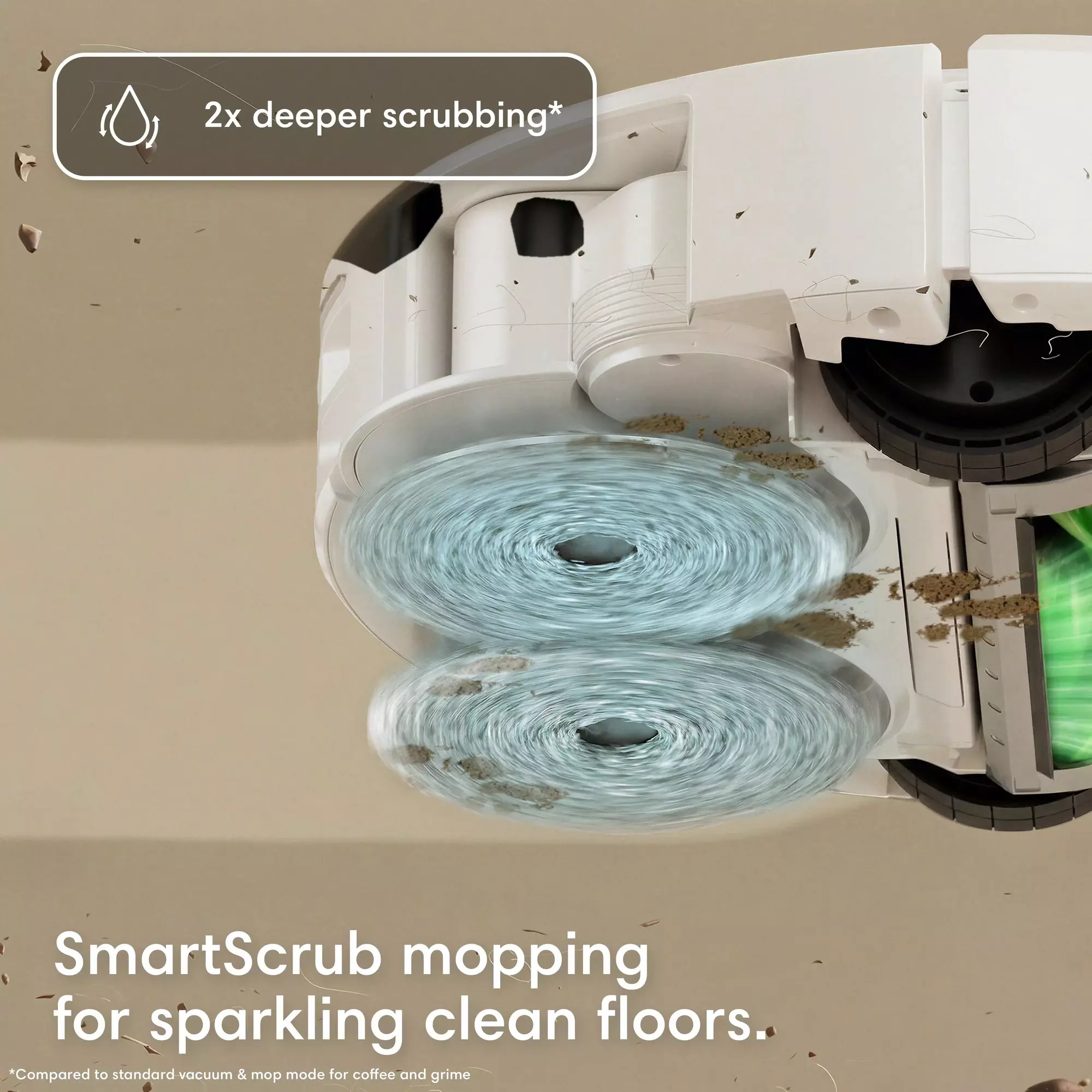 Un robot aspirateur avec serpillères rotatives nettoie un sol.