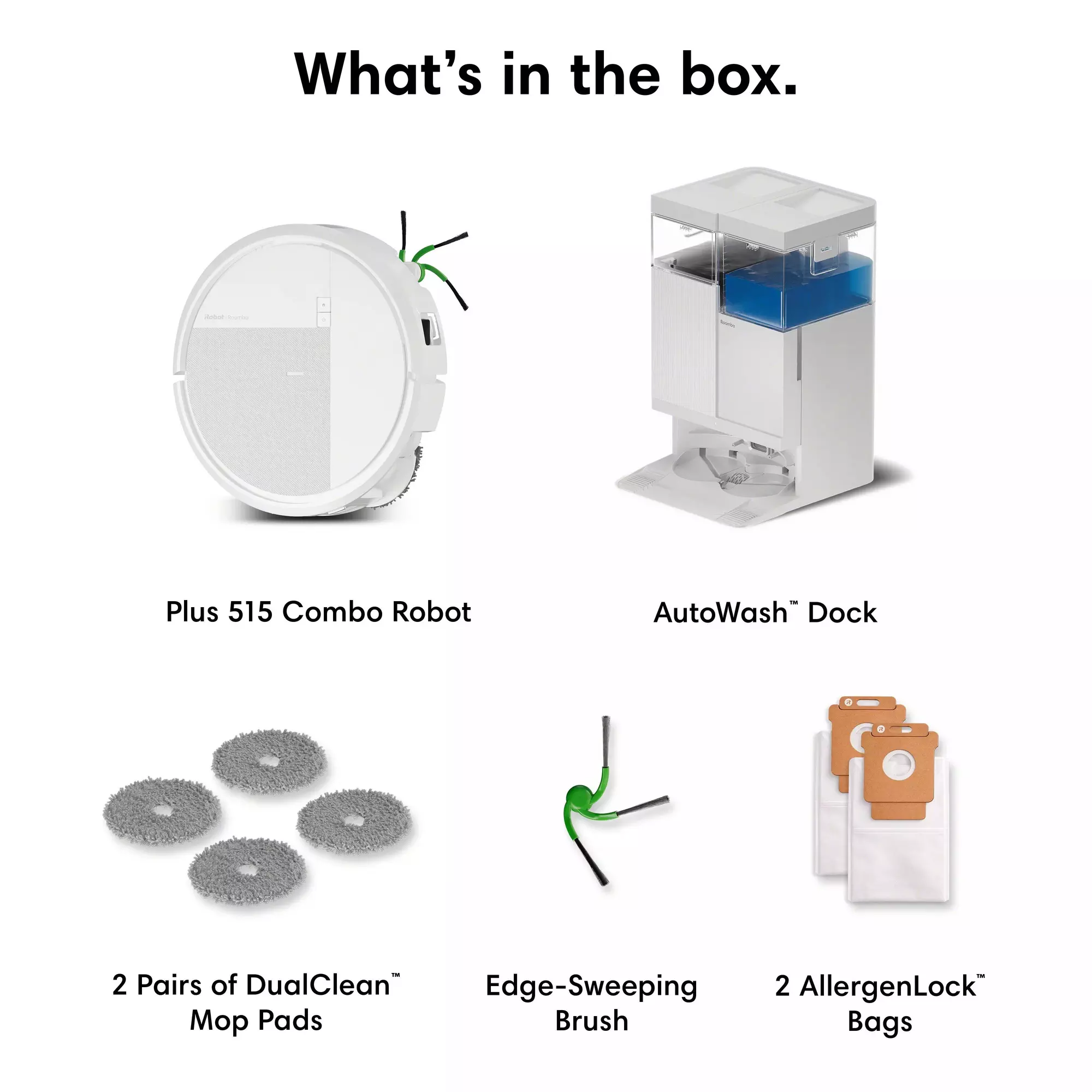 Un robot, une station, des tampons, une brosse et des sacs à poussière.