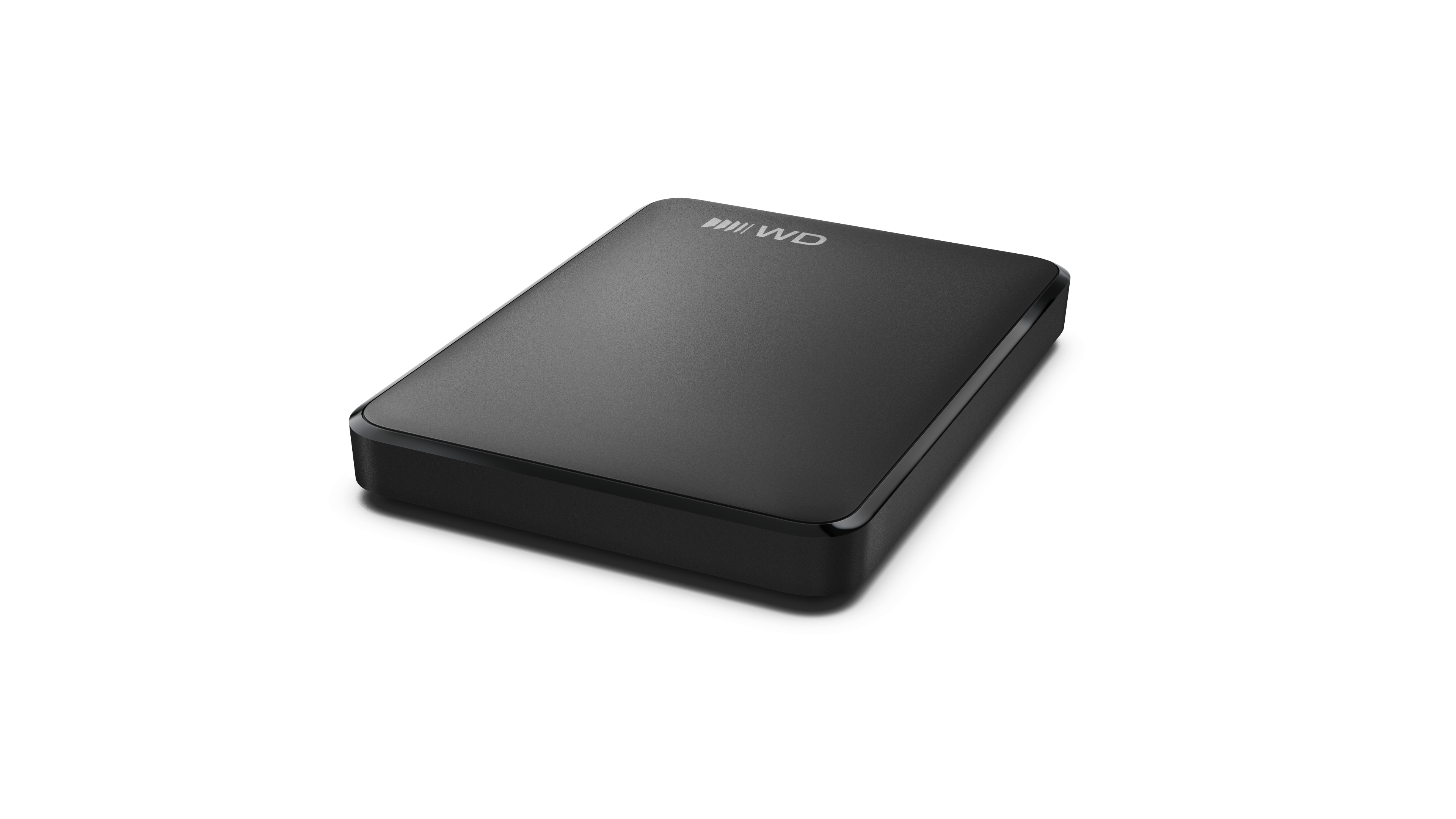 Eine schwarze externe Festplatte mit dem WD-Logo auf weißem Hintergrund.