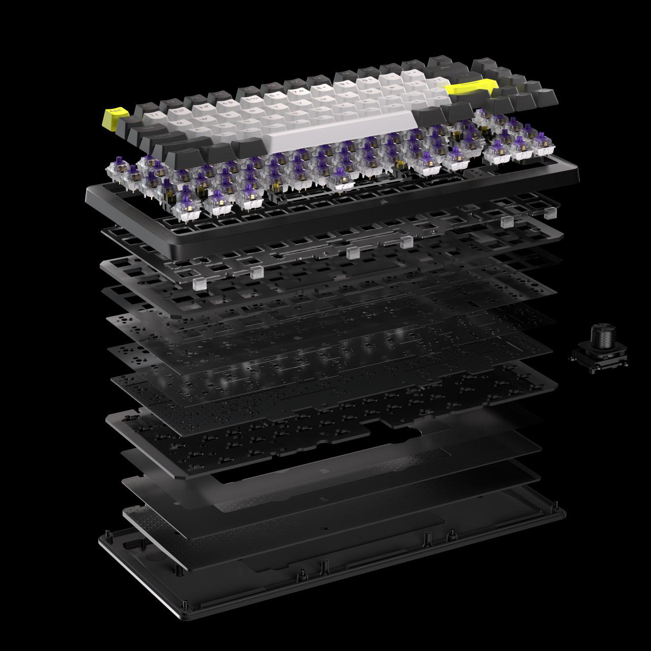 Explodierte Ansicht einer Tastatur mit Schichten von Tasten, Schaltern und Leiterplatten.