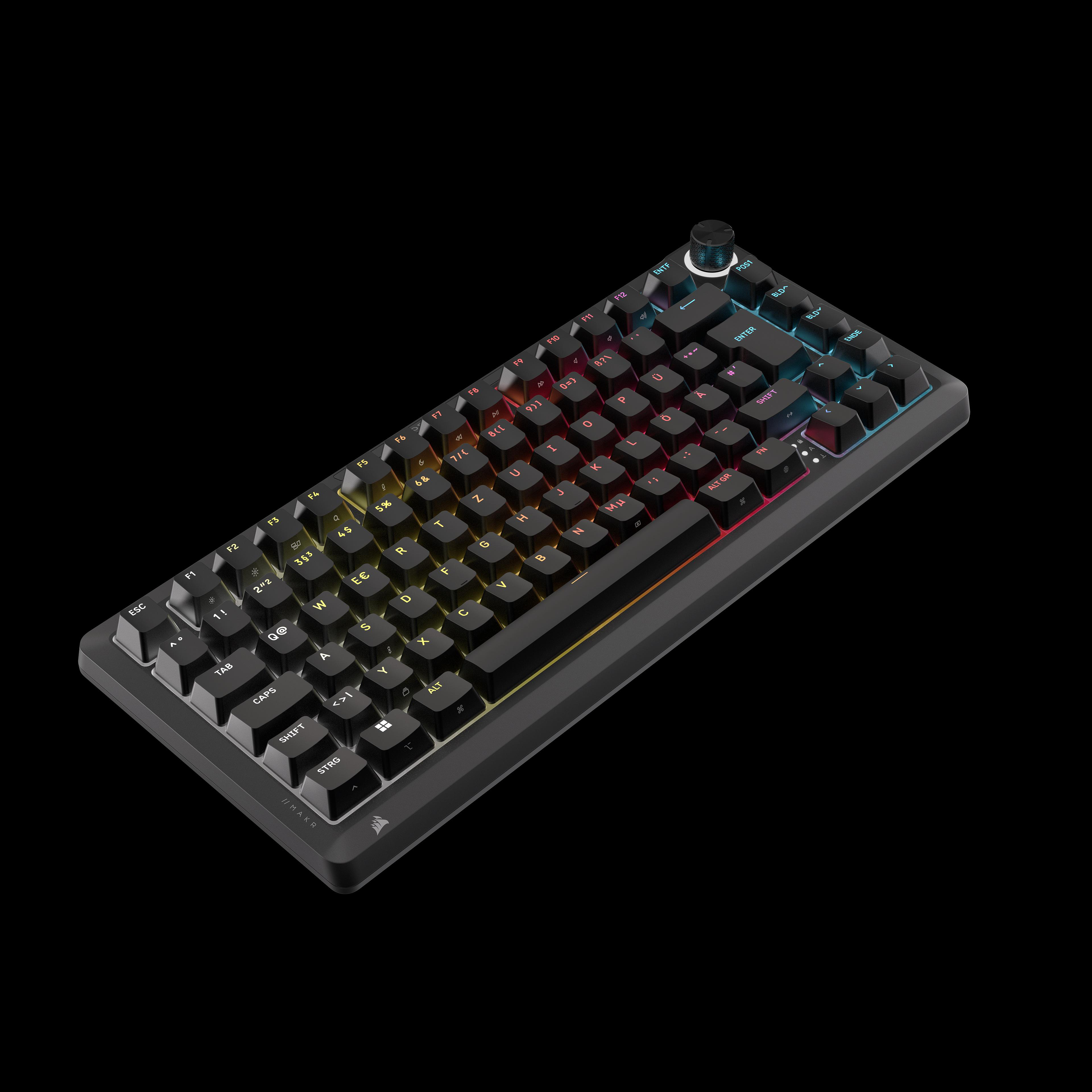 Schwarze Tastatur mit RGB-Beleuchtung und Drehregler auf schwarzem Hintergrund.