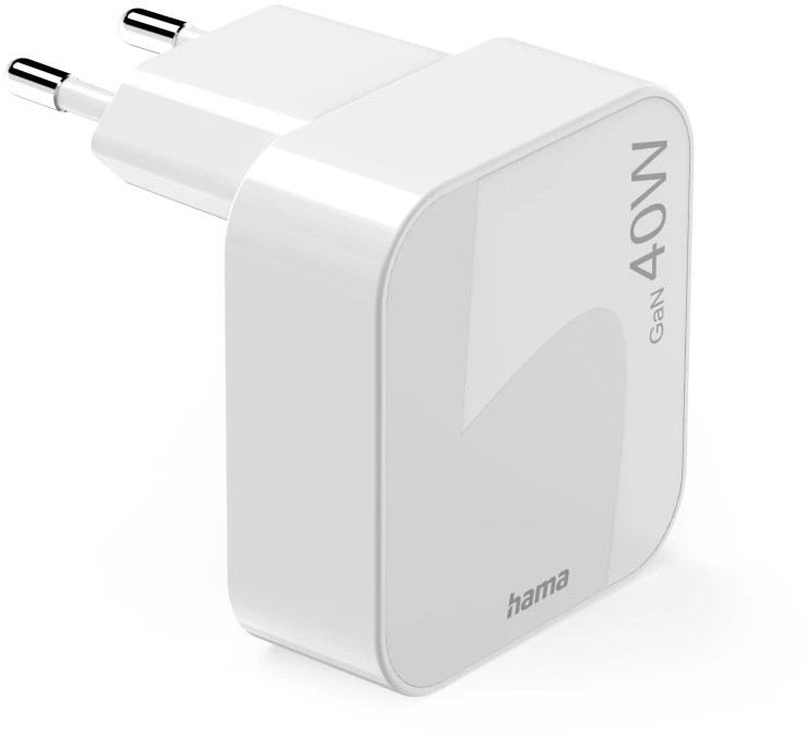 Biała ładowarka Hama GaN 40W USB-C ze składanymi bolcami.