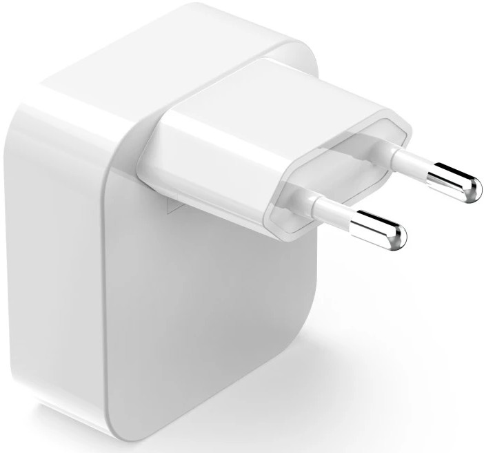 Biały adapter wtyczki EU z dwoma srebrnymi metalowymi bolcami na białym tle.
