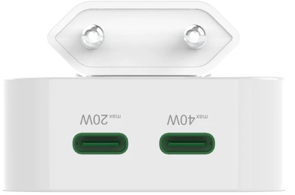 Biały adapter zasilający z dwoma portami USB-C, maks. 20W i 40W.