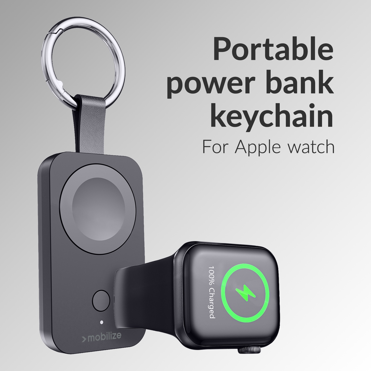 Porte-clés noir portable pour Apple Watch, chargé à 100%.