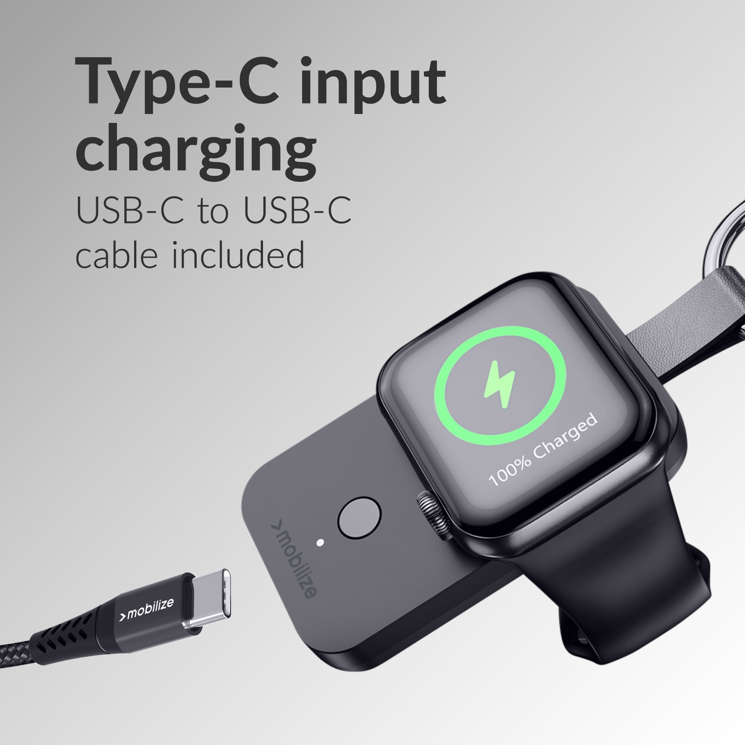 Étui de chargement gris et câble chargeant une montre connectée à 100 %.