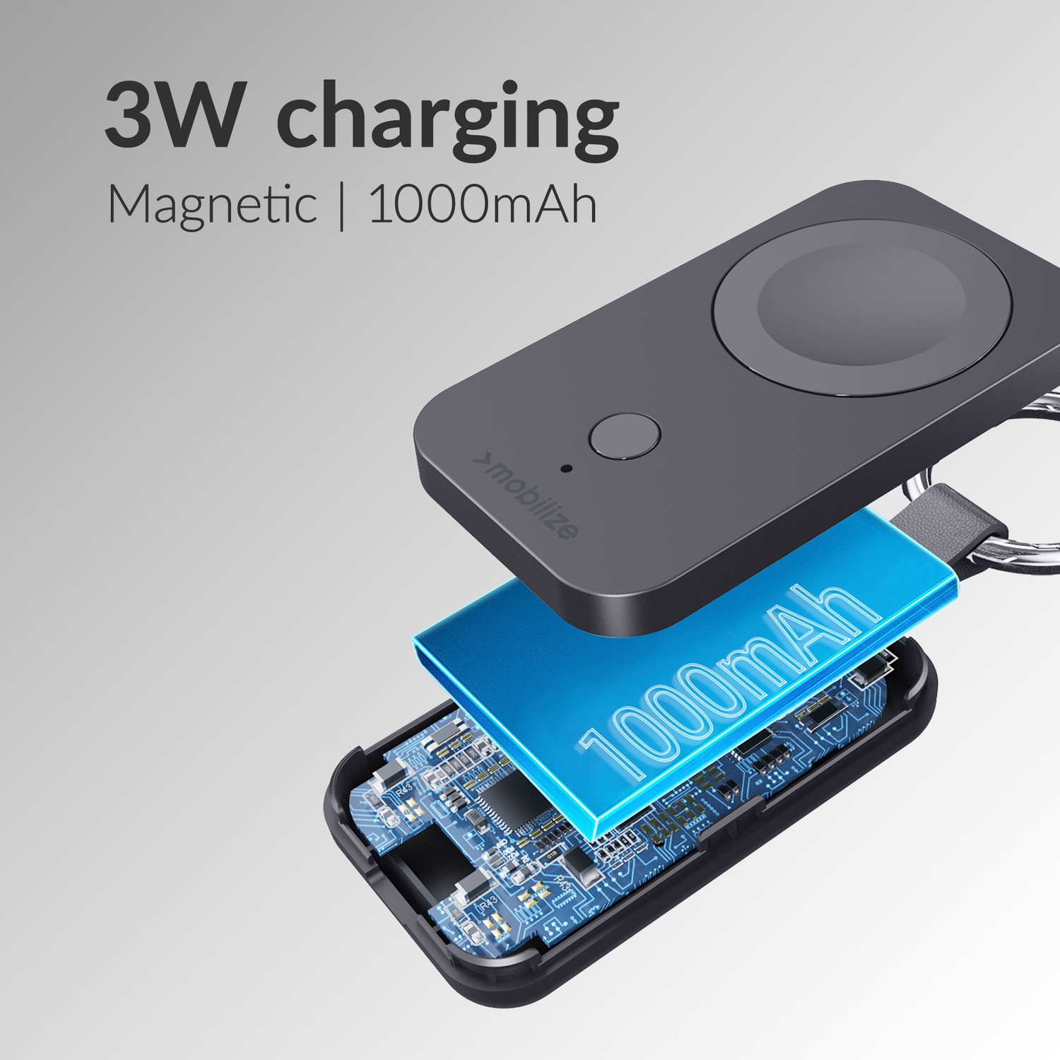 Vue éclatée d'un chargeur magnétique noir avec batterie de 1000 mAh.