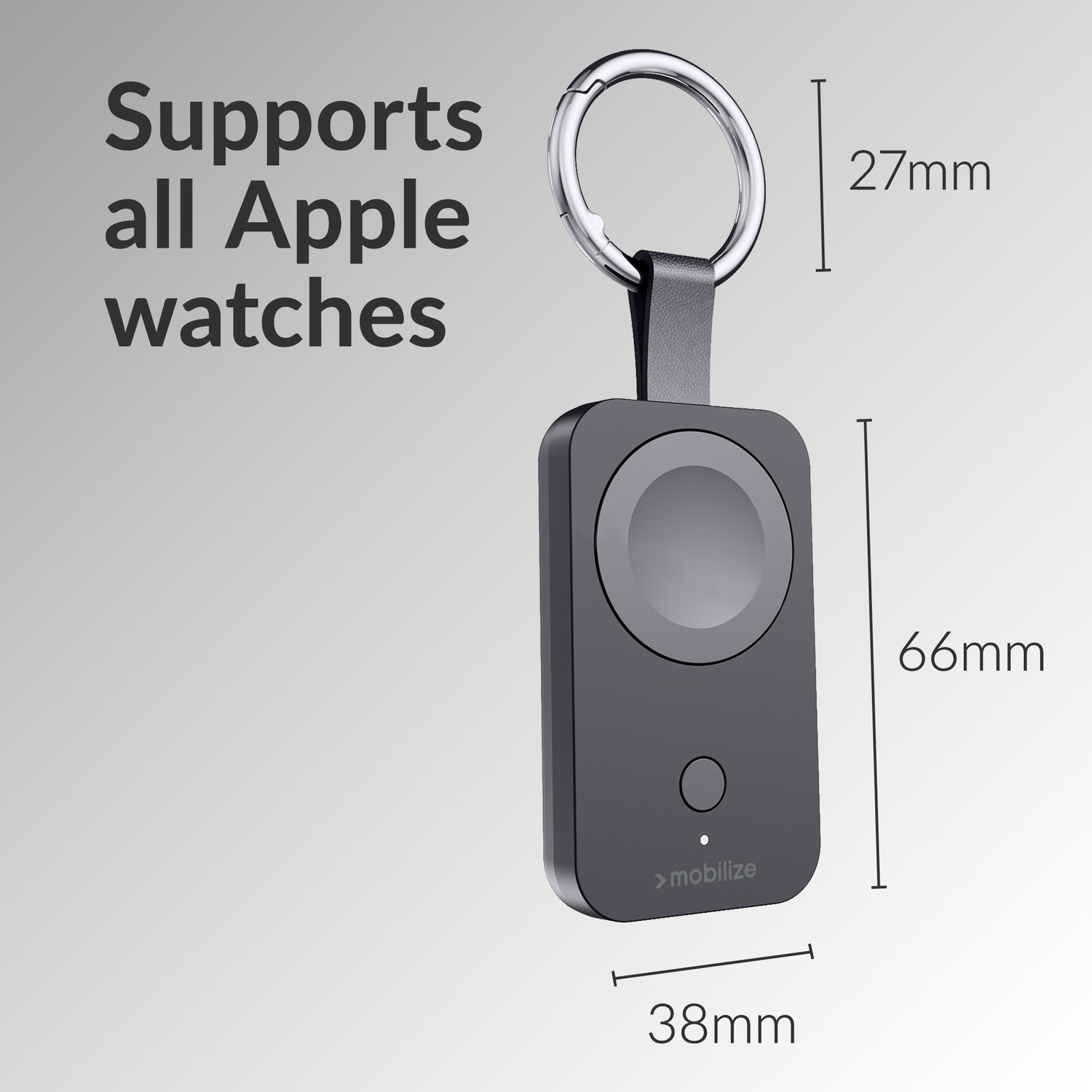 Porte-clés gris avec fonction de charge pour Apple Watch. Dimensions 66x38x27mm.