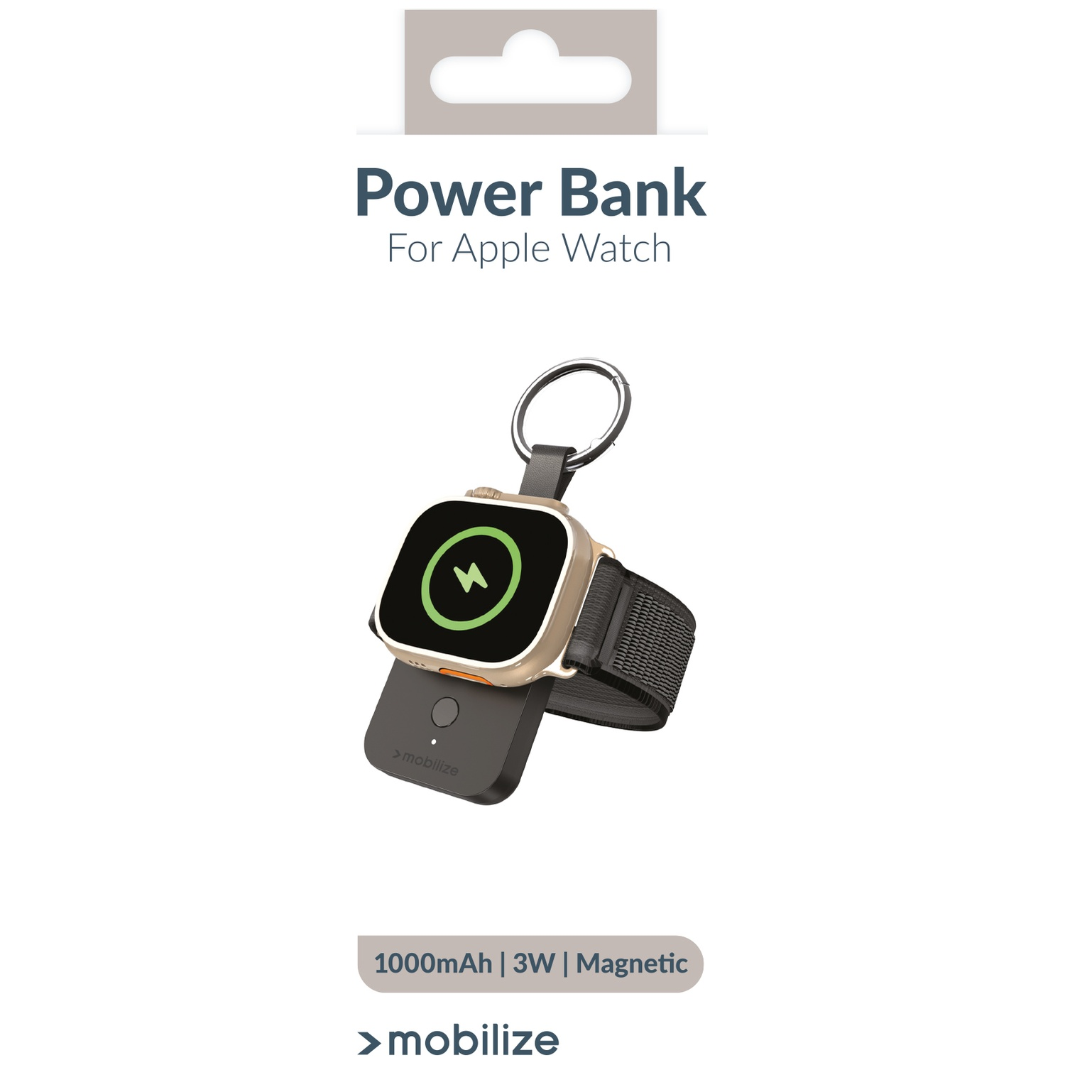 Apple Watch dorée avec bracelet noir et batterie externe de chargement, 1000mAh, 3W, magnétique.