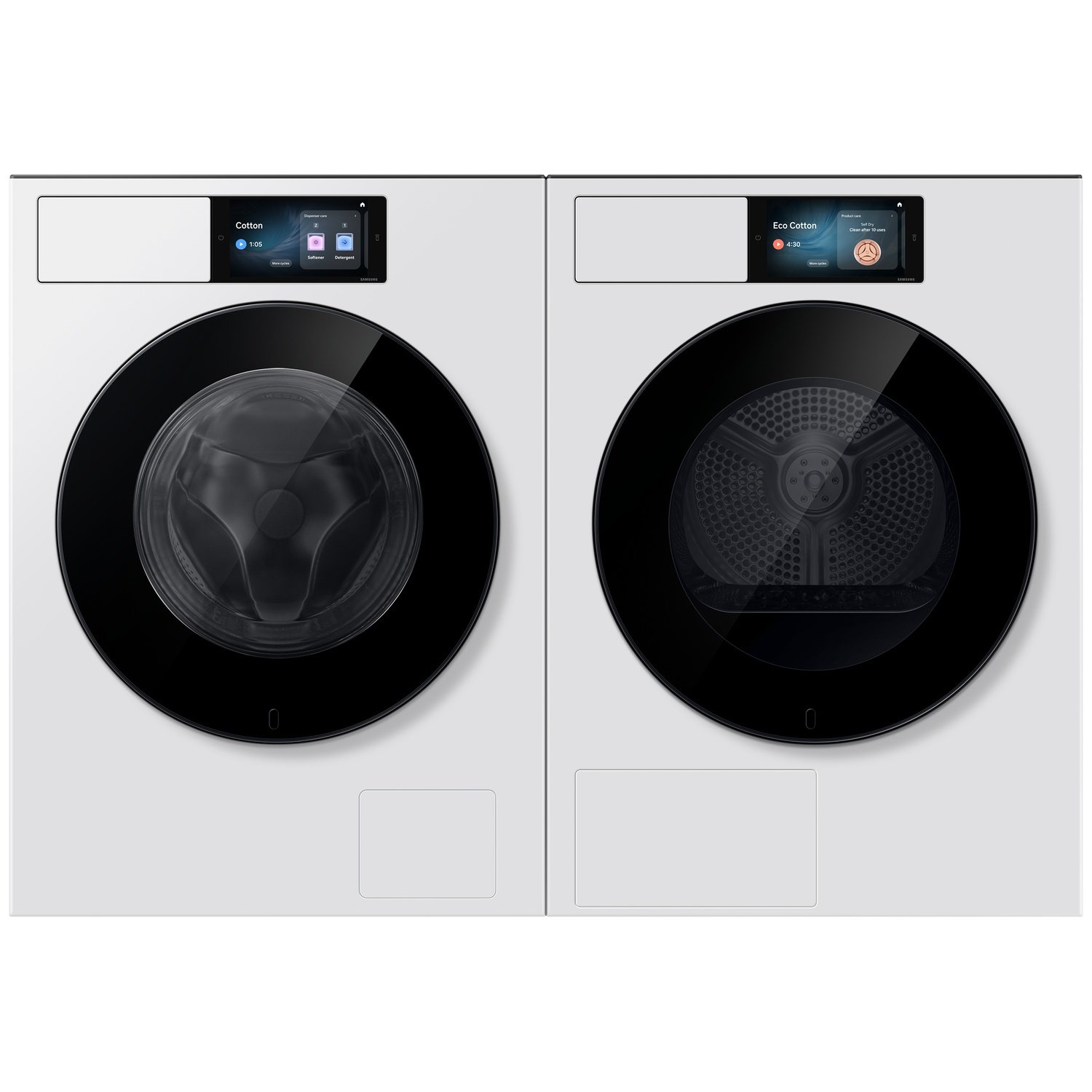 Two white Samsung washing machines side-by-side, one washer and one dryer.