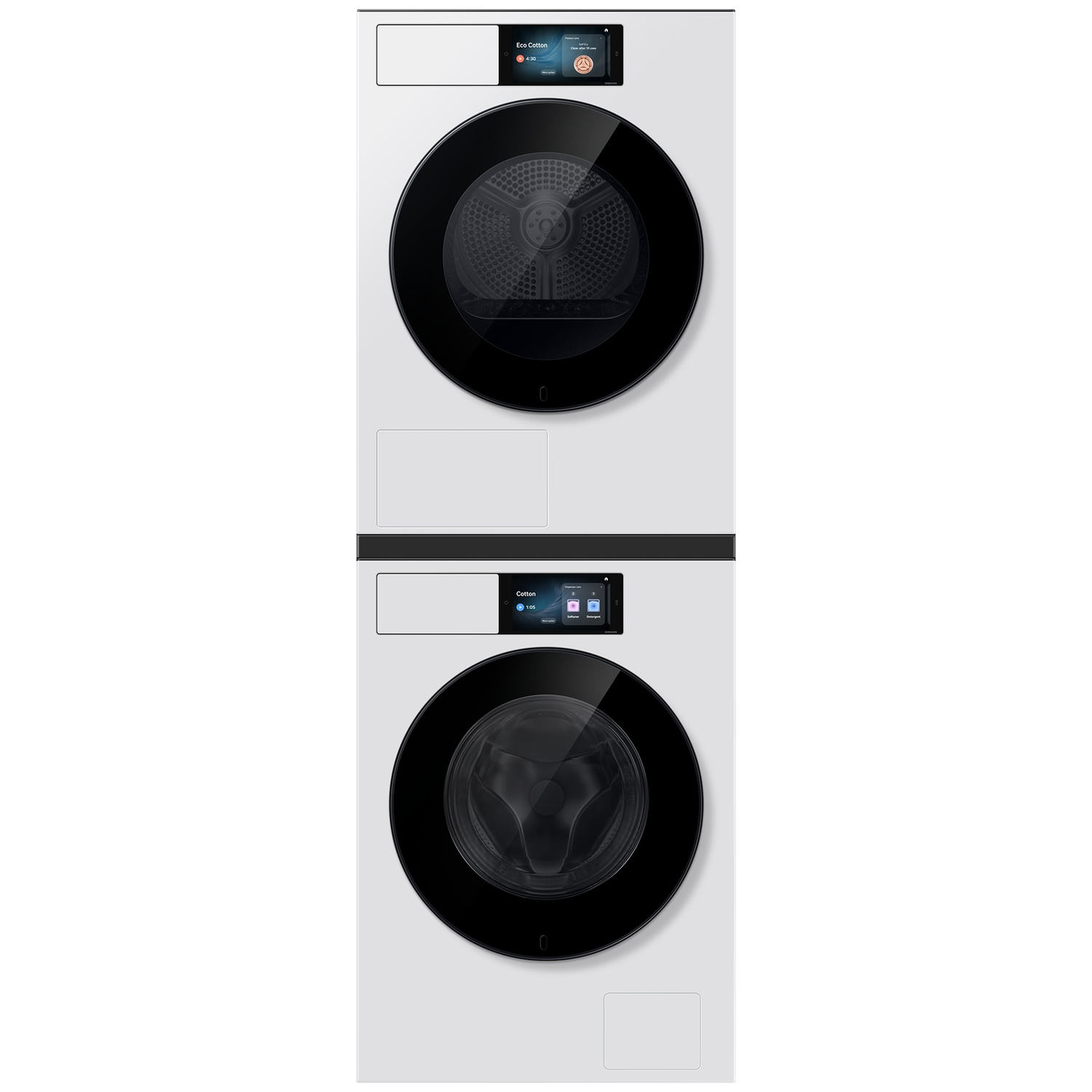 A white dryer stacked on a white washing machine, both with black doors.