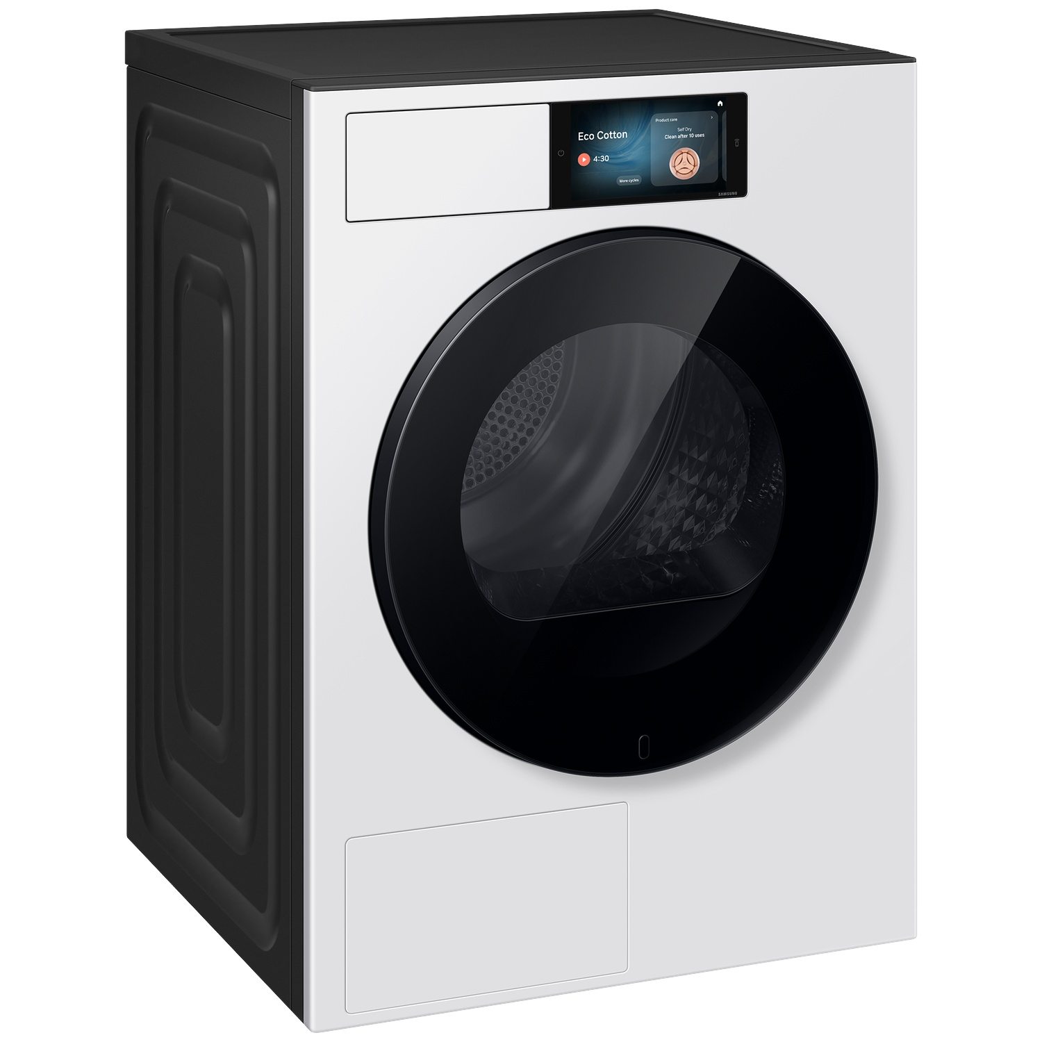 White washing machine with a black door and touchscreen control panel.