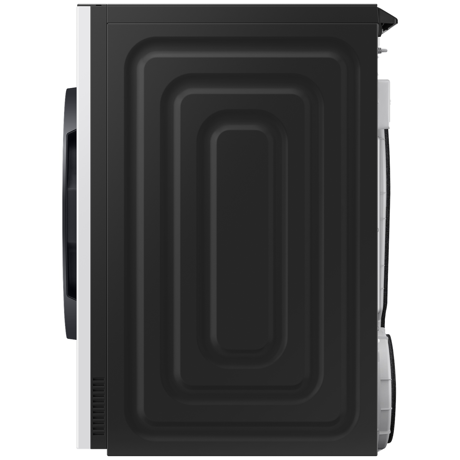 Side view of a black dryer with white trim and a black handle. The side panel has a ribbed texture.