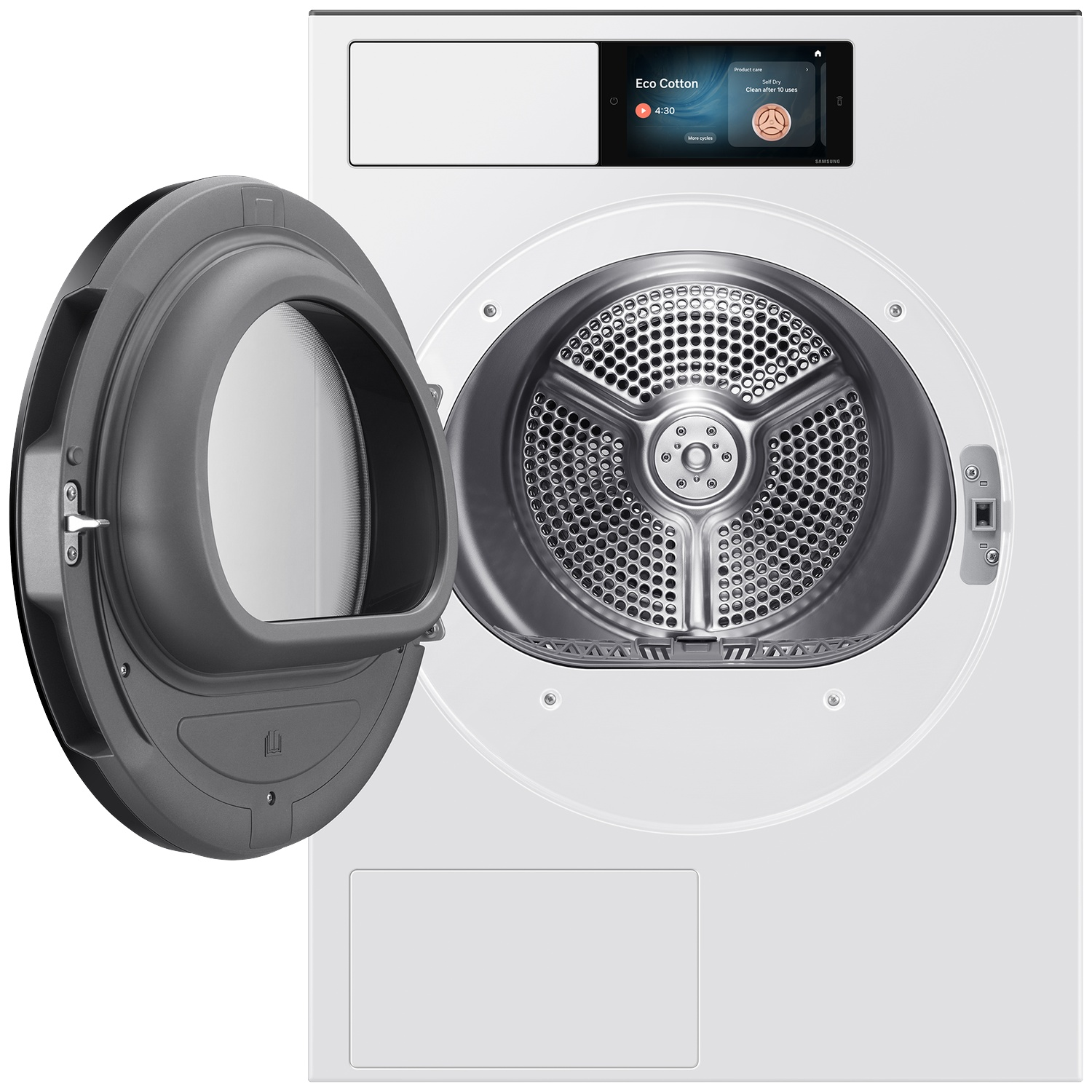 A white front-loading dryer with the door open, showing the drum. The screen displays 'Eco Cotton'.