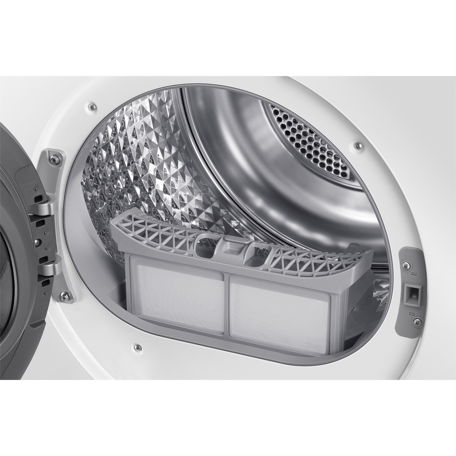 An open dryer with its filter basket and filter pulled out.