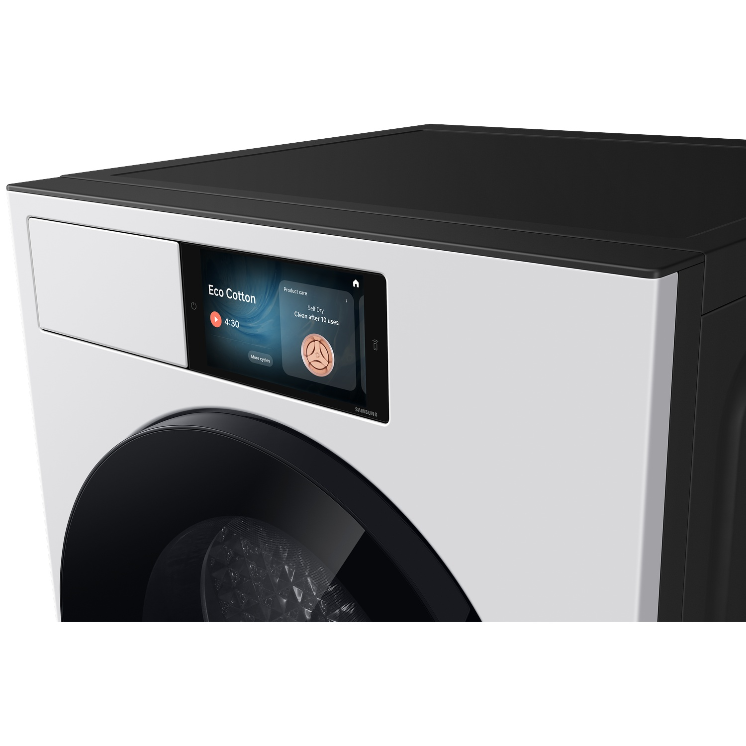 A white washing machine with a black top and a touchscreen interface.