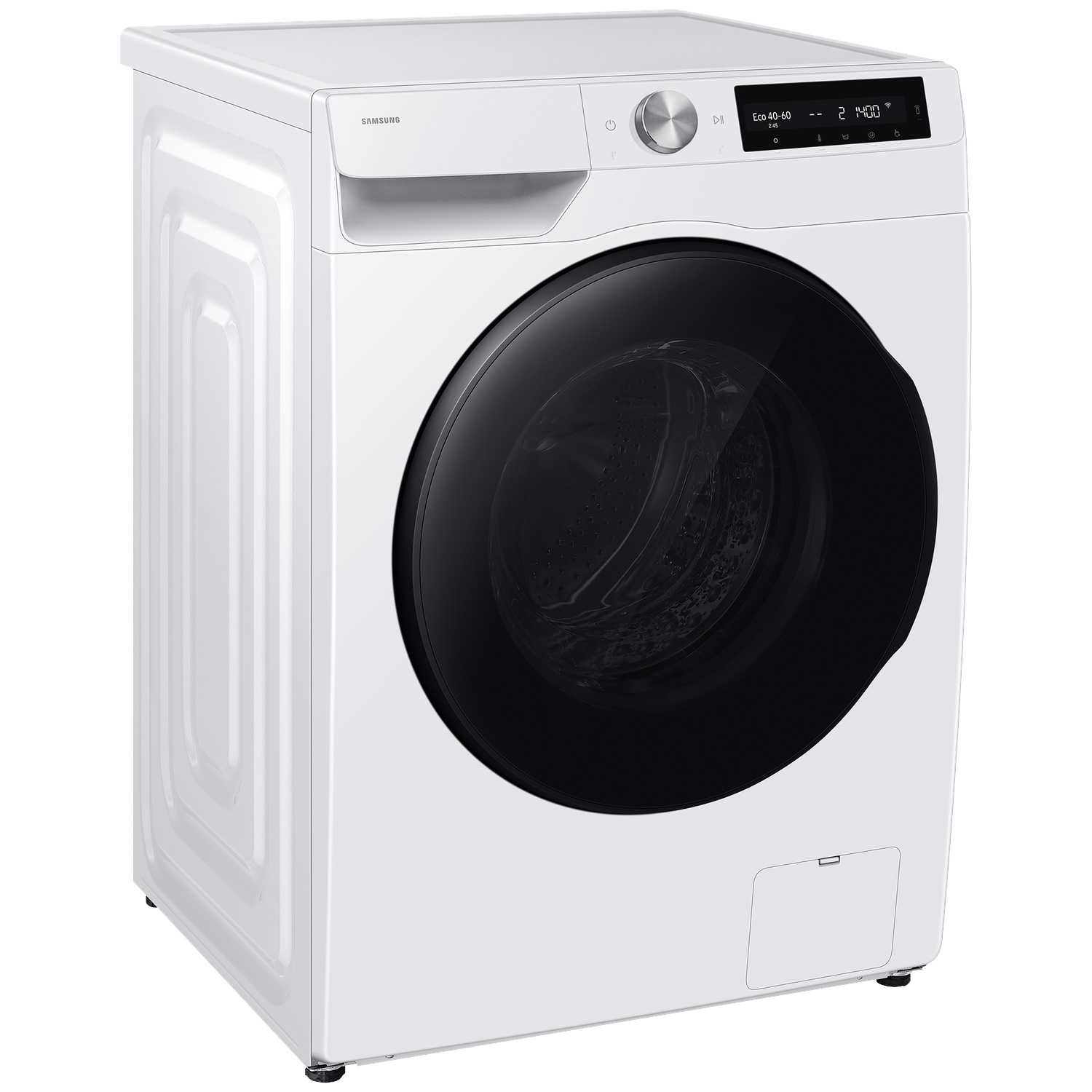 White Samsung washing machine with a black door and digital display panel.