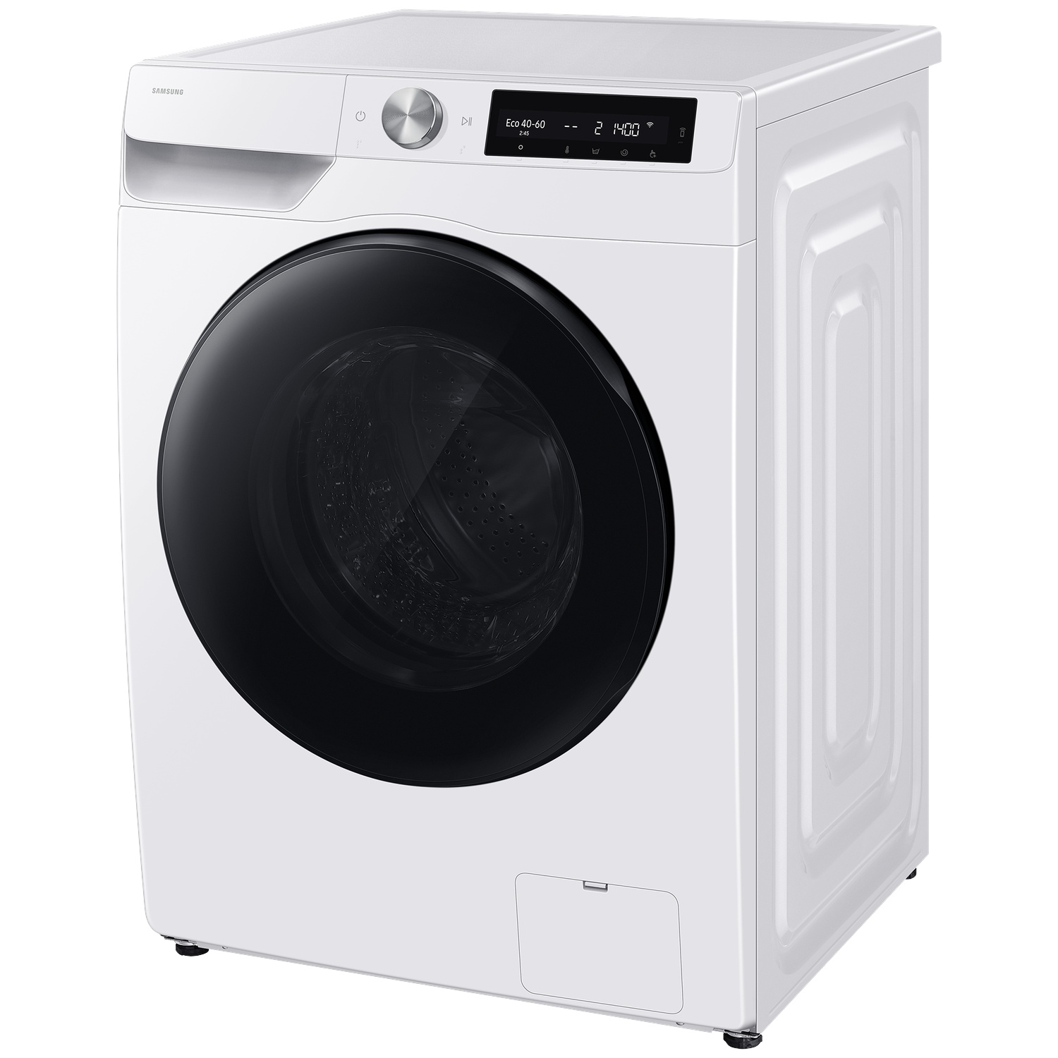 A white Samsung washing machine with a large black door and digital control panel.