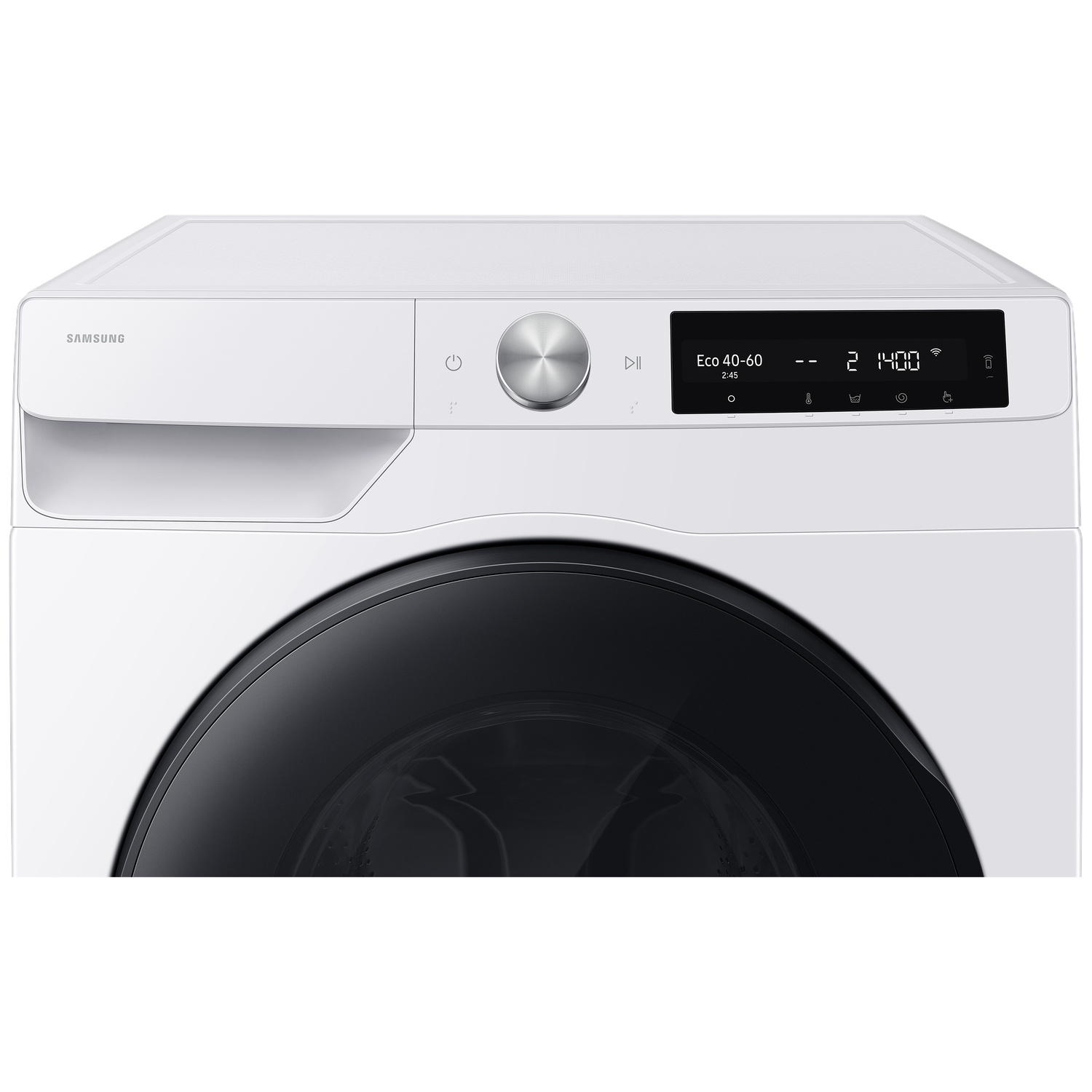 White Samsung washing machine with silver dial and digital display.