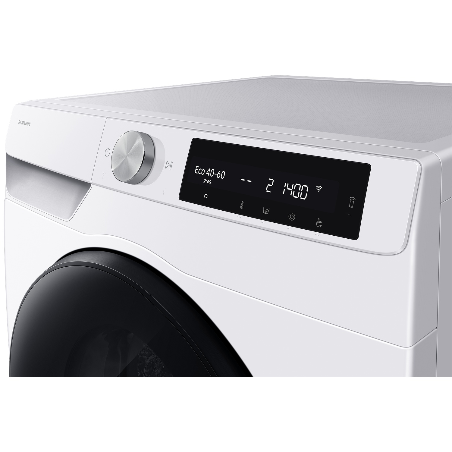 A white Samsung washing machine with a digital display showing 'Eco 40-60'.